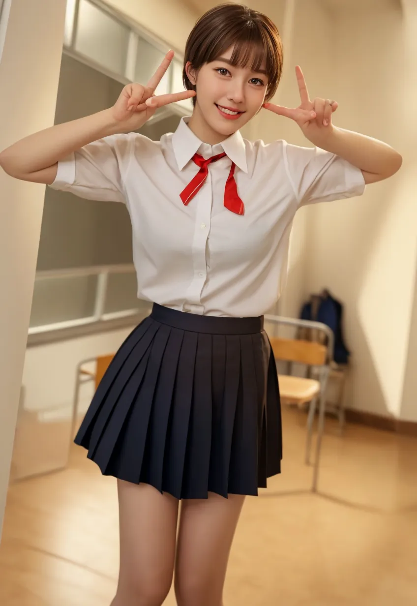 ((full shot shooting, NSFW)), ((super detailed, highest quality, ultra high resolution, masterpiece, ８In K)), Japanese beautiful girl((Super cute loli face：1.9)),((Both eyes have double eyelids:1.3)), ((Eyebrows thin)), ((natural makeup)), (A sloppy smile, Looking at the camera), (Brown、Hair style is ponytail、Bangs are crisp), ((10 years old,infant body shape)), ((breasts are small)), ((The buttocks are beautiful)), (Slim waist naked), (Squat down so you can see her exposed pussy)), (sailor suit, Short sleeve uniform white shirt with red collar, red ribbon), (red pleated skirt:1.5), ((no pants:1.1)), (view from below:1.3),
