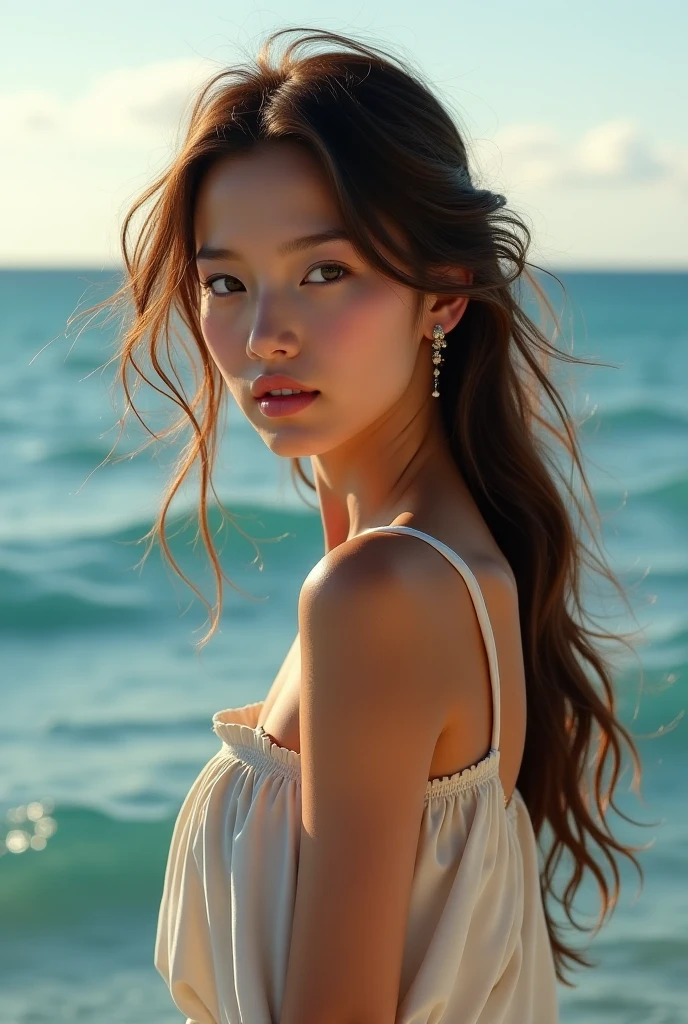 A hyper-realistic image of a single Japanese woman in her early 20s, captured with the nostalgic warmth and pronounced graininess of a film camera, showing her from the shoulders up as she stands on a sunlit beach. Her skin has a warm beige tone with a natural, visibly rough texture that includes pronounced pores, fine lines, and subtle imperfections such as small blemishes, slight unevenness, and a hint of sun exposure, contributing to the authenticity of her appearance. The texture of her skin is intentionally less smooth, with a tangible roughness that enhances the realism, making the surface appear slightly weathered by the elements. The soft, diffused natural light illuminates her face and shoulders with a gentle touch, casting shadows that subtly reveal the unevenness of her skin. Her straight, glossy black hair flows naturally in the ocean breeze, framing her face, and her deep brown eyes reflect the soft sunlight and the shimmering sea. The film camera effect amplifies the grain and texture, creating a warm, nostalgic atmosphere while maintaining the deliberately rougher, less polished texture of her skin. The composition, focused on her upper body, captures the serene elegance of the beach setting, highlighting the natural interaction of light and shadow on her skin. This combination of a rough, realistic skin texture, soft natural light, and the grainy film-like qualities ensures that the image presents an authentic, lifelike portrayal of the woman, centered on her face and shoulders.