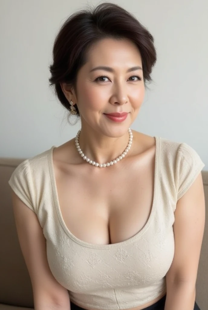 realistic photo, photorealistic, intricate details, hires photo of a chinese milf, (Solo), 40 years old, full body, (Wrinkles at the corners of the eyes:1.2), teardrop breast shape, breast with teardrop shape, A MILF, glamor, A sexy, Chromo-white skin, Looking at Viewer, (Fancy makeup:1.4), deep low plunge sun dress that shows cleavage, sitting on a couch, looking into camera, concerned expression.