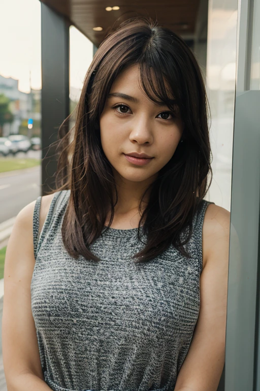 Female, Japanese, 50s, medium black hair with gray, brown eyes, friendly impression, casual clothing, face with noticeable lines, fine lines beginning to show, upper body in focus
