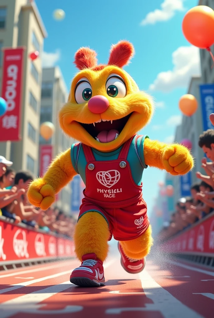 Fruit glitter,Chicks in athlete costumes at the Olympics，Two ducklings pulling cute characters at the finish line on one side of the track,pixar-style，featuring（A detailed）、fantasy、Surreal and（（adolable））art-style，Cool has personality,High picture quality,high detal,A high resolution,8K，Cheer for the critters