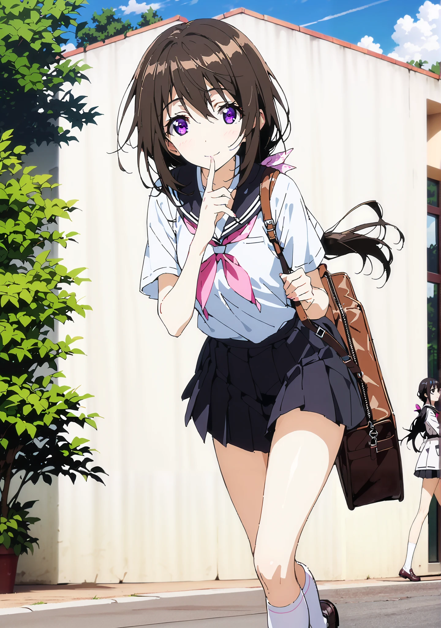 gets her rubbed, Charlotte Dunnoir , long hair, Gold, ribbon, purple eyes, ponytail, hair ribbon,smile,cover,open your mouth,
Black sailor suit,red 弓tie, black mini pleated skirt ,white high socks,loafers,Student bag 1 :1,is walking,morning,The sun is rising,Beautiful Scenery,full bodyがイラストに入るように,break outdoors, residential area,
break looking at viewer,full body,
break (masterpiece:1.2),top quality , kampala,Unity 8k Wallpaper,(shape:0.8),( fine, beautiful eyes :1.6),It's a person ,full body写真,CG Details , (perfect hands,complete anatomy),