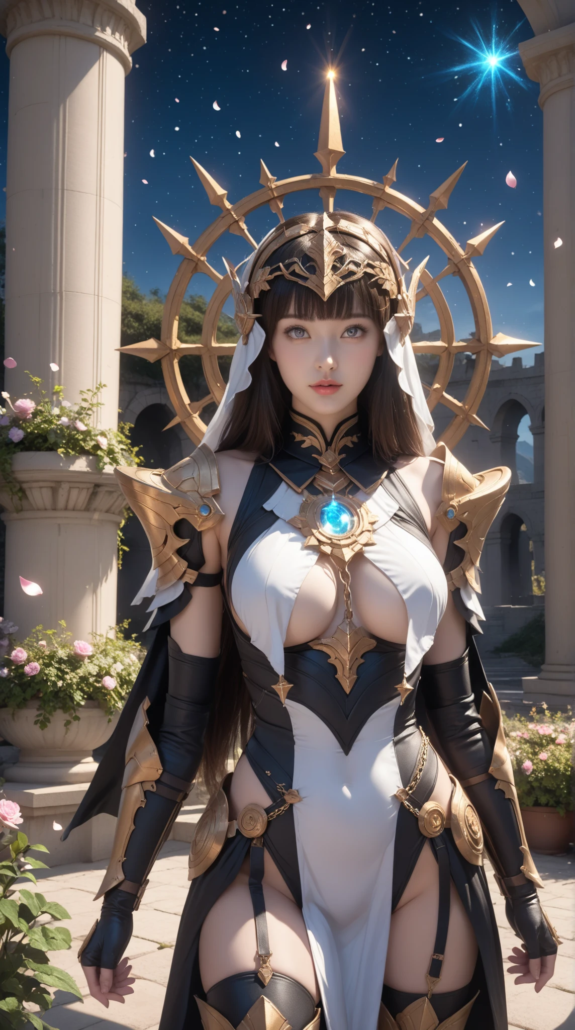 realistic, (masterpiece, top quality, best quality, official art, beautiful and aesthetic:1.2), extremely detailed,fractal art,colorful,highest detailed,zentangle, (1Character:1.3), Beautiful woman , large chest , dark purple hair , has elf ears , yellow eyes , thick body , extremely long hair , Age 36, wearing Button up turtleneck, blue star jewel on the chest , gold accents , intricate gold trim, techwear, high fashion , city wear , ,((futuristic city background:1.4))