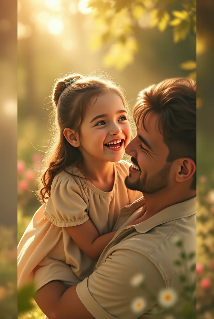 "A beautiful and emotional video showcasing the bond between a father and his young daughter. They are seen spending time together in different settings – playing in a park with vibrant flowers, enjoying a peaceful moment by a lakeside at sunset, and sharing a warm hug at home. The video captures the deep love, care, and joy they share, highlighting the father’s protective nature and the daughter’s innocence. The color palette is warm and soft, with golden sunlight, lush greenery, and gentle pastels, creating a serene and affectionate atmosphere."