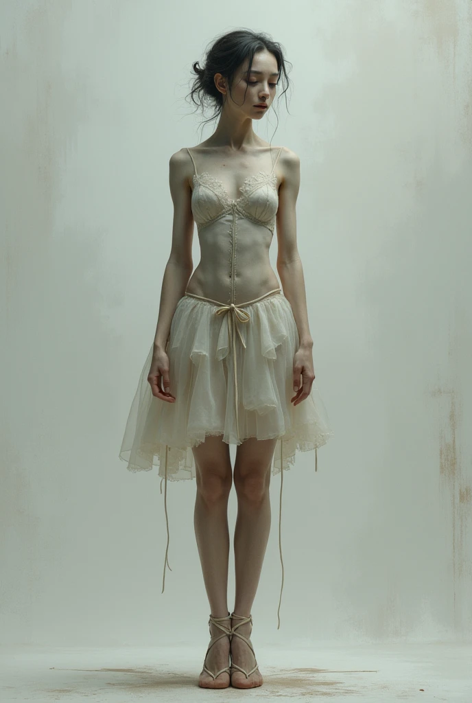 (best quality,hyper-realistic,ultra-detailed,8k), teenager, fifteen years old, shy, sad, paleness, big blue eyes, very white skin, small nose, very short brown hair with bangs, melancholy, delicate, feminine, skinny, garden of thousand White roses, short ponytails hairstyle, short Green summer shirt, short skirt, fountain, Sunny day, brilliant colors.