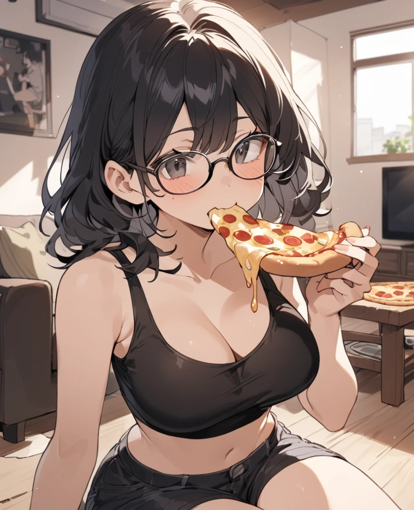 score_8_up. score_7_up, score_9, source_anime BREAK 1girl, solo,
asian girl, black hair, hime cut, bangs, medium hair, collared shirt, round glasses, huge breasts, full lips, portrait, plump lips, shiny lips, high cheekbones, sleeveless, slim body, eating pizza, slice of pizza, saliva string