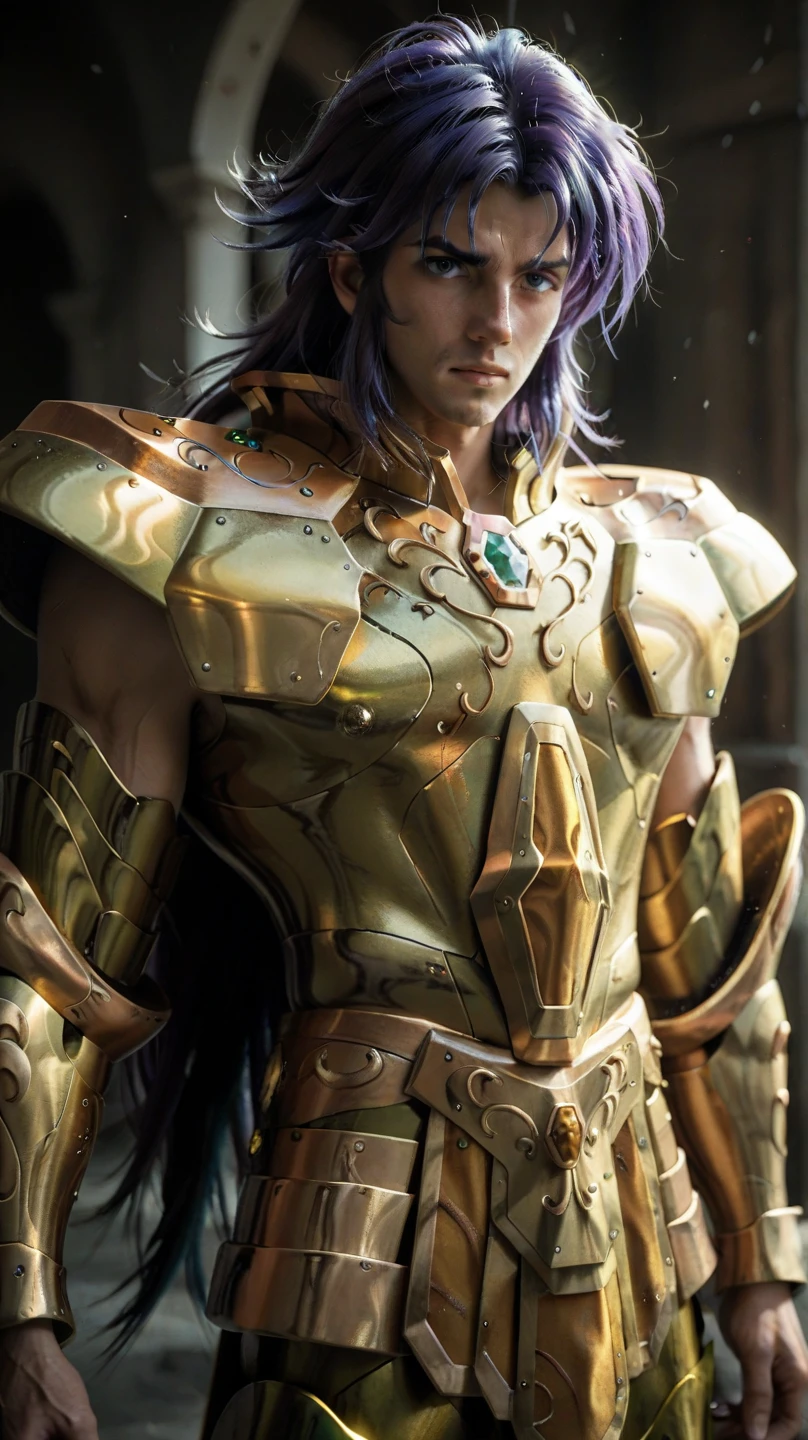 A man, male details, Degel Aquarius from Saint Seiya, masterpiece, best quality, highly detailed RAW color photo, sharp focus, 8k high definition, (reading glasses:1.5), (holding a book:1.2), long hair, turtle neck, male wearing gold armor, light turquoise green hair, tight-fitting green undergarment beneath armor, purple eyes, leg armor, shoulder armor, yellow armor, reflection on armor, headset, yellow headband, sparking armor, white skin-tight transparent vinyl, gentle smile, in an open and well-lit Coliseum with Greek pillars and (garden with flowers:1.1), Aquarius Armor, standing straight, sacredness, landscape, bright, facial freckles (0.1), to8contrast style, posing in a bright Coliseum with Greek pillars, rim lighting (1.4), two-tone lighting with soft highlights, octane, unreal, well-lit, aura of wisdom.