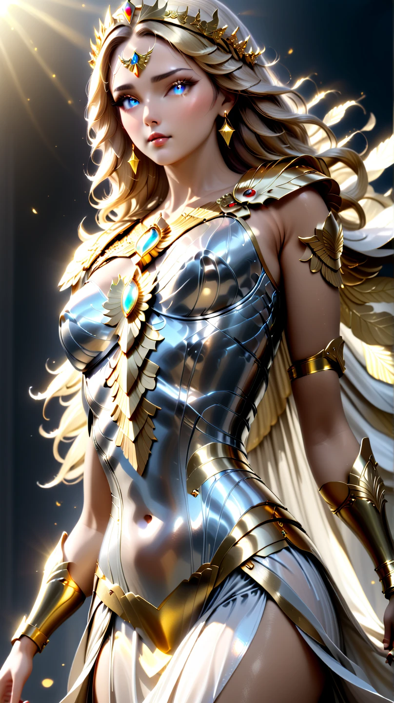 ( nuvens ) Lindsey Vonn as a MYTHOLOGICAL DIVA in a golden armor, floating into the sky, gold bracelets on the arms, coxas expostas, Face looking at the camera, athletic curvy body, Musculatura suavemente definida, perspectiva de corpo inteiro, Realismo 32K, obra prima.
