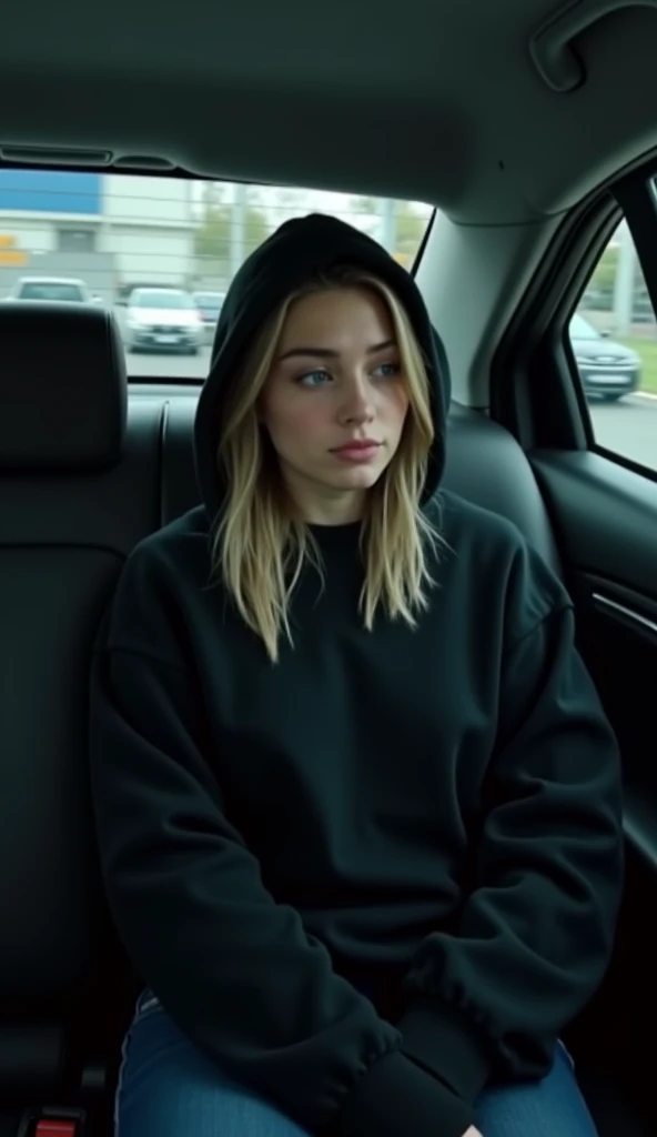 Emma Stone, (masterpiece), ((best quality)), light_smile, cinematic lighting, ultrarealistic, ((realistic)), blonde_hair, short_hair, solo, sidecut, asymmetrical_hair, parted_lips, (detailed face), looking at the viewer, (beautiful detailed eyes), black hooded sweatshirt, hood_down, portrait, upper_body, (shaved head side), (small breasts), Chubby, plump, curvilinea