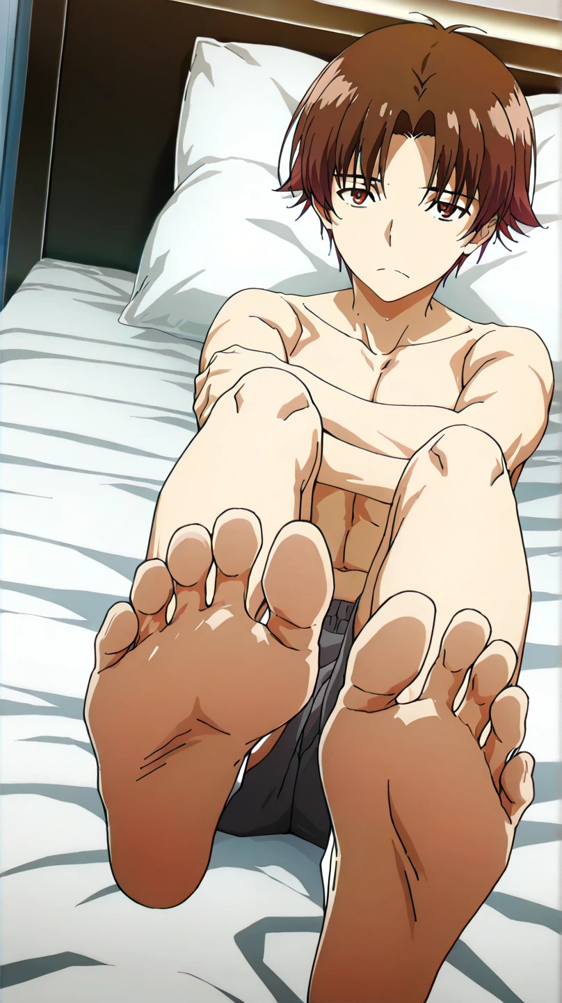 masterpiece, Highest quality, so beautiful, Absurd,Anatomically correct body,One boy, Male Focus, Ikari Shinji, Neon Genesis EVANGELION,View your viewers,Half naked,Black shorts,Show the soles of your feet, Perfect legs, Five-toed feet, Feet Focus, Two legs, 2 feet