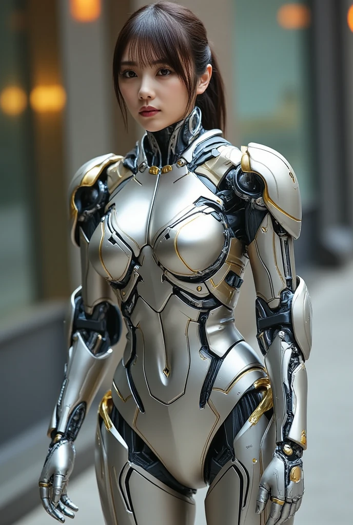 1girl, solo, wearing a mechanical suit, Mechanical wonder, Cyberpunk, Cybernetic Guardian, futuristic armor, pefect body, front pose, symmetry, intricate (steel metal [rust]), joints, warframe style, cyborg, male body and armor, 
