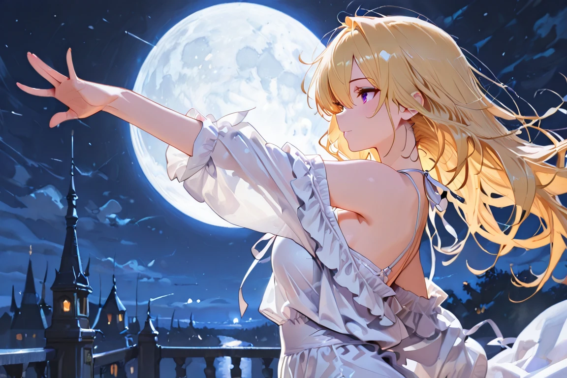 1girl, long blonde hair, hair between eyes, purple eyes, beautiful, pretty, serene expression, high quality, 8K, ultra-detailed, masterpiece, moon, show handing off shoulder, side view , pose, moon dance, curvy
