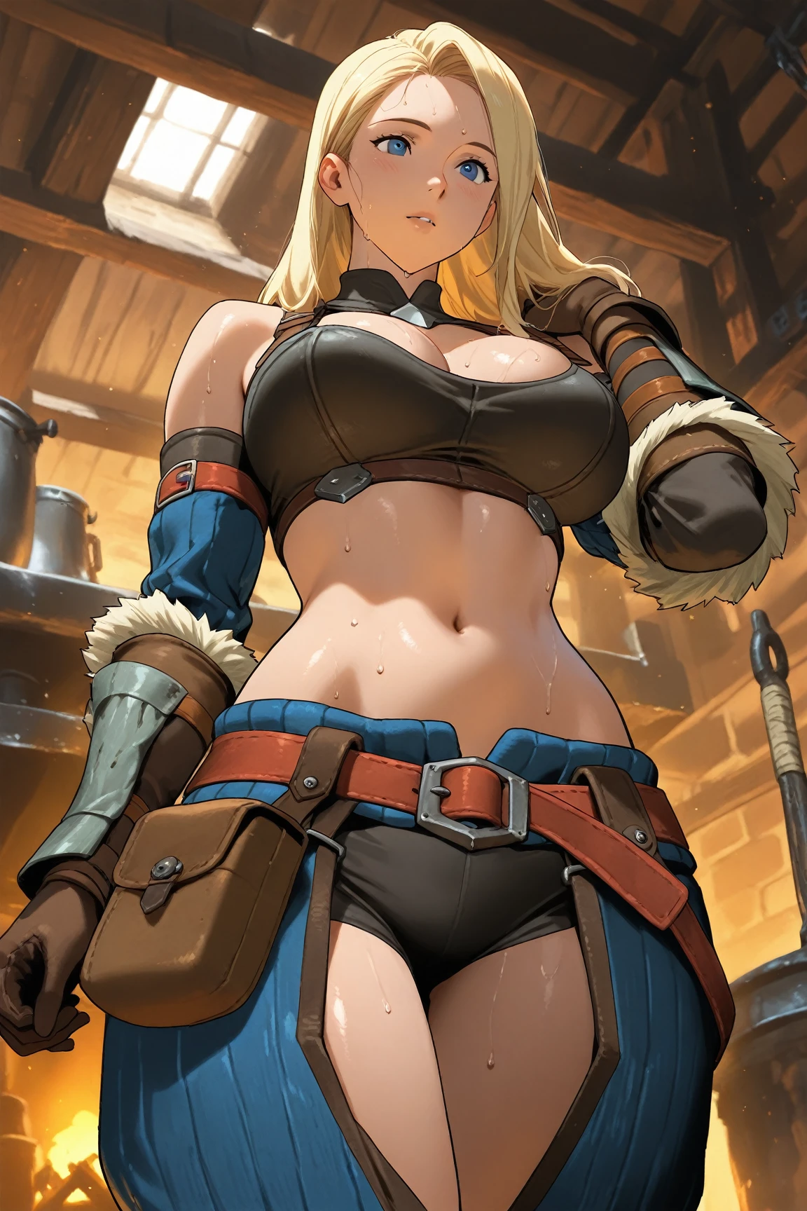 One girl,18-year-old,Excellent anatomy, masterpiece, Highest quality,Realistic, hyperRealistic, 16k hdr,(Metal collar,Cleavage,damaged body,Sweat,Beautiful Face,Mature Woman,Muscular Paladin,Torn Costume,Arm guard,Leg guards,Pauldrons,Body in chains:1.2),(blush,anger:1.2),(Whip marks on body and legs:1.7),Fantasy World,Outdoor,village,blue sky,(Surrounded by many vicious horny goblins,Holding a whip:1.3),(Old wooden cross with scary decoration:1.3),(Crucifixion,Spread the word_arms,Tie your arms:1.5),