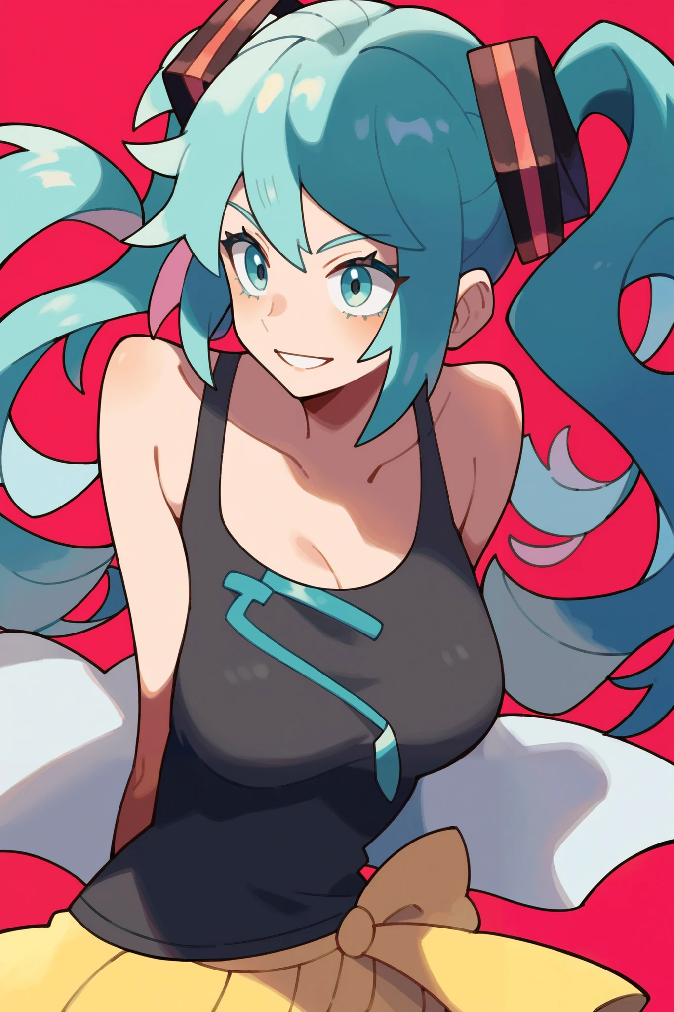 score_9, score_8_up, score_7_up, hatsune Miku, pokemon pokemon_(anime) pokemon_journeys pokemon_sv pokemon_bw2 1girls score_9, score_8_up, score_7_up, pokemon pokemon_(anime) pokemon_journeys pokemon_sv pokemon_bw2 1girl black tanktop, white and blue jacket over tanktop, hands behind back
