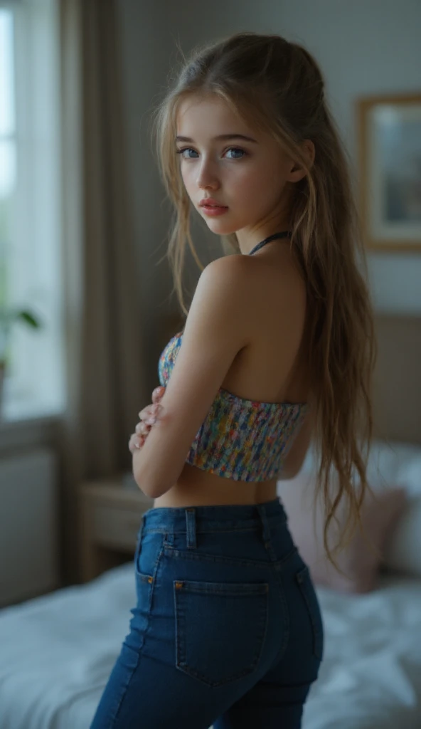 cute 12 year old girl, cum on face, slim figure, revealing outfit, cute clothes, skimpy clothes, Photo taken from behind, detailed face, pretty eyes, long eyelashes, cute expression, cozy living room, photorealistic, 4k, high quality, jeans ass, Chubby rearview mirror wearing almost transparent jeans, turned away, bowed
