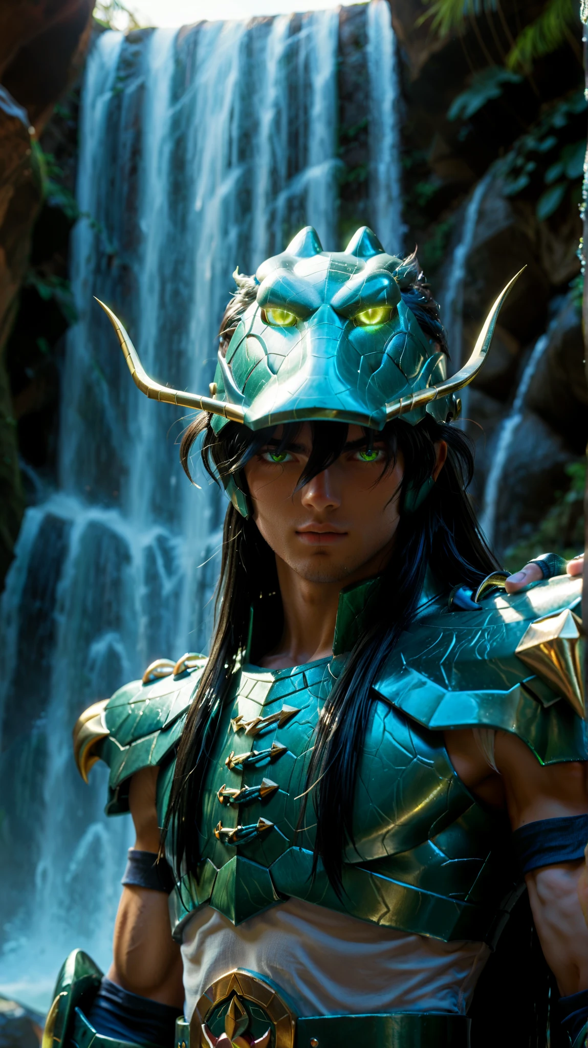 score_9, score_8_up, score_8, score_9, masterpiece, portrait, upper body focus, close shot, ultra high quality, hd render, male focus, Shiryu, young twink, very long hair, black hair, qhite shirt ,long bangs, hair over eyes, green eyes, glowing eyes, light skin, chinese boy, handsome boy,
green armor, helmet, dragon helmet, pauldrons, shoulder pads, vambraces, gauntlets, gloves, fingerless gloves, chest plate,
narrow features, standing, dynamic pose, dynamic shot, looking at viewer, waterfall background, hd render, high quality,