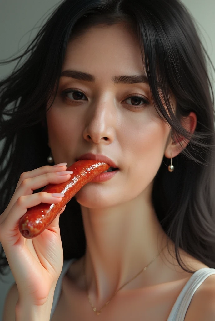 (Practical, photo-Practical:1.4), (best quality, masterpiece:1.2), RAW photos, high resolution, Intricate details, Extremely detailed, Practical and sharp details, (portrait, Face Focus), Solitary, A Japanese woman, Mai Shiranui, (Eat a big sausage, Put a long sausage in your mouth:1.4), (Delicate face, Beautiful and delicate eyes, Beautiful student, Delicate nose), Pale skin, Delicate skin, earrings, clavicle,, Simple background,， huge breasts， ponytail，Lick the sausage，Suck sausages，Thin waist，Half Body，Huge breasts，Breast close-up，Sausage in hand