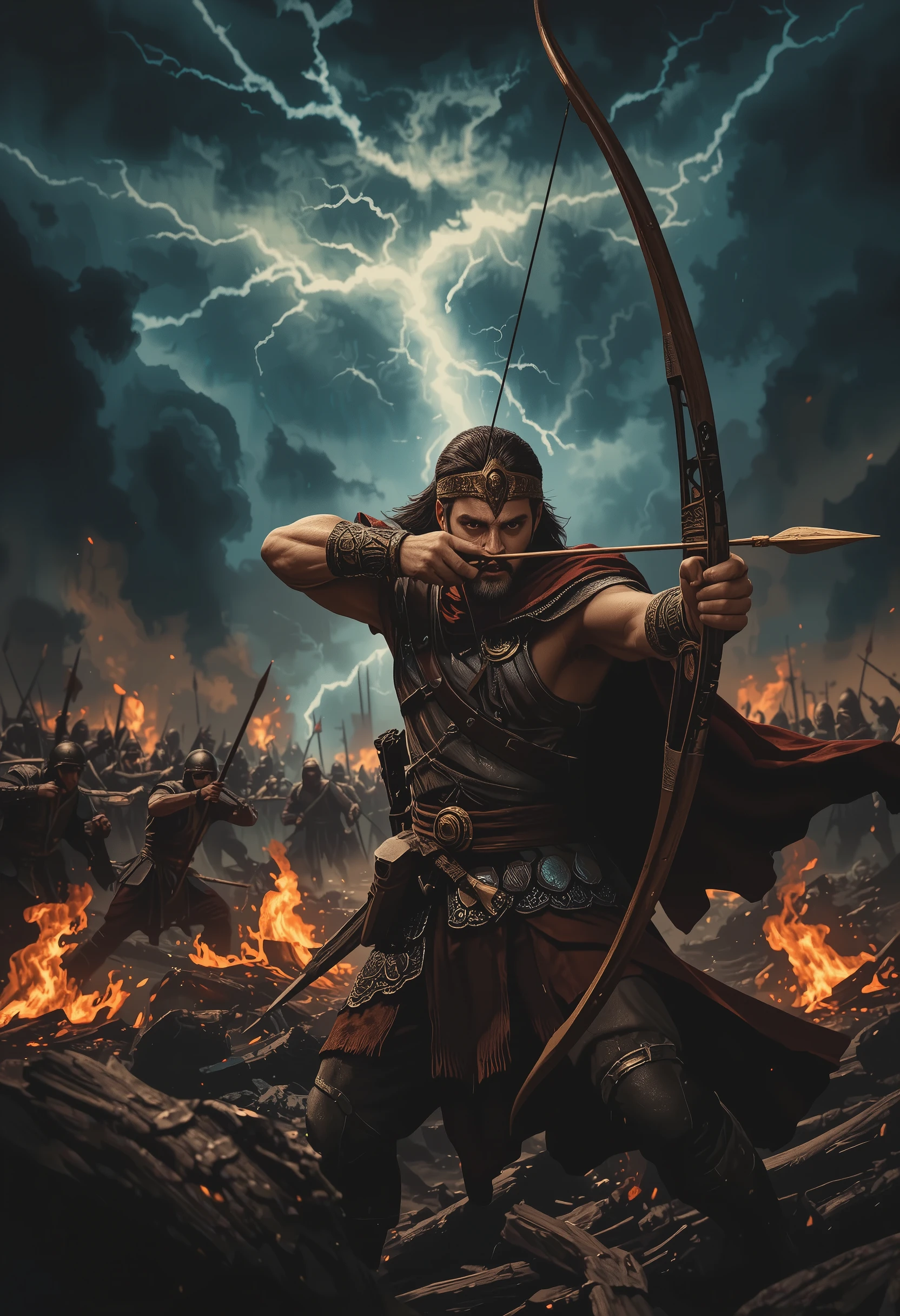 An archer, poised in the heat of battle, launches a deadly arrow towards an advancing army of Persian soldiers. The scene is dark and foreboding, illuminated only by flickering patches of fire scattered across the battlefield, casting eerie shadows on the ground. The sky above is stormy and overcast, with jagged lightning bolts cutting through the darkness, adding to the tension and chaos of the moment. The archer's determined expression contrasts with the overwhelming odds he faces, creating a dramatic and intense atmosphere.
