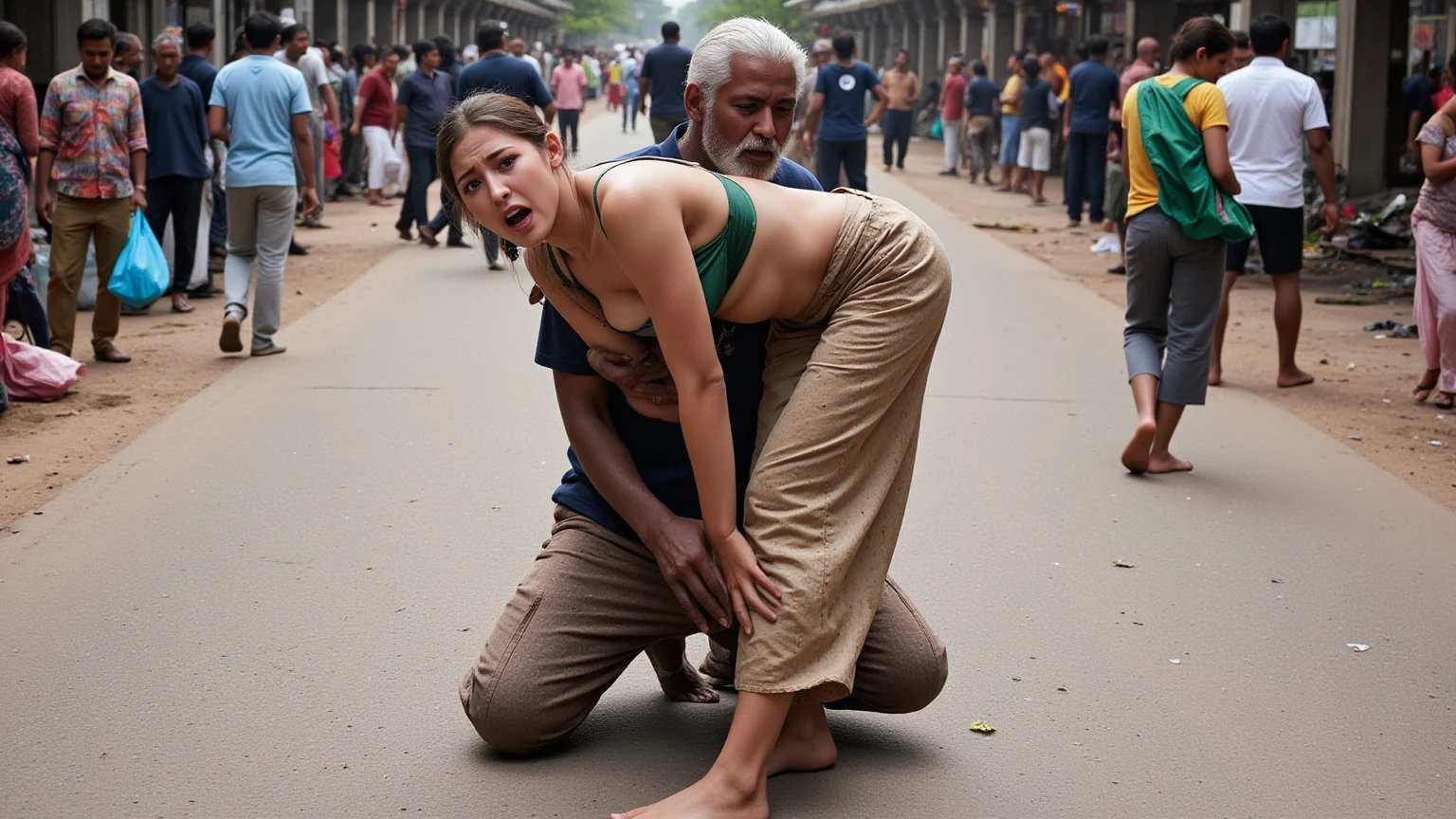 A beautiful married woman is getting rape in a market, men around her trying to make her naked by taking off her saree, she is screaming, everyone holding her hands and breasts, she has hug breasts, red dot on forehead, bindi, crowd area, rap, sexy, porn, beautiful women, pretty face, hair tied in braid, braid hair. Necklace and jewellery , kneeling, screaming and crying, begging to stop, crowd, ((men around her)), ((men rape her badly)), rapping her on market road, she is begging to stop and crying