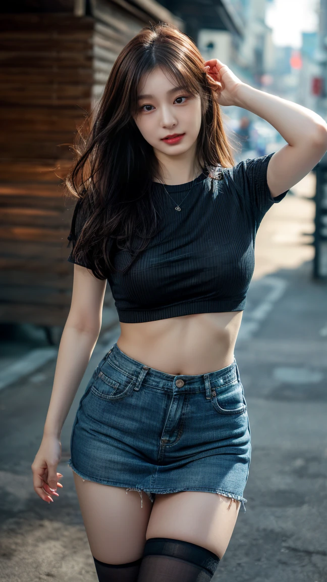 masterpiece, top-quality, 1 beautiful girl, ((Wearing dark black sunglasses )), (Detailed beautiful eyes), ((Detailed skin)) , ((Detailed medium hair)), A beautiful girl jeans tank top jeans and oversize hight waist short jeans,  photo RAW, Camera angle behind, CG rendering, Blurred background, deep shadow,  16K, bokered,   Very detailed, wallpaper, depth of field, movie light,, Ray tracing.