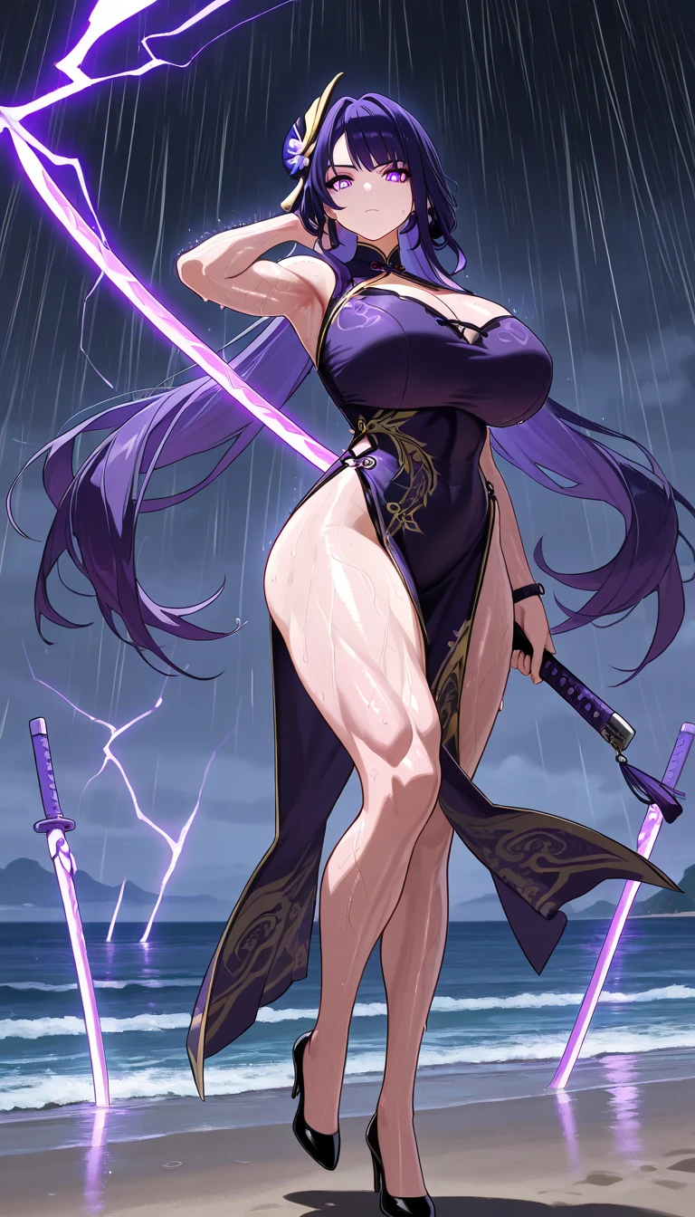 young woman with purple short hair, dark gray skin, flat chest，High-cut swimsuit，cleavage，bare arm，challenge，barefoot，dagger，metallic line，Standing，valley cliff