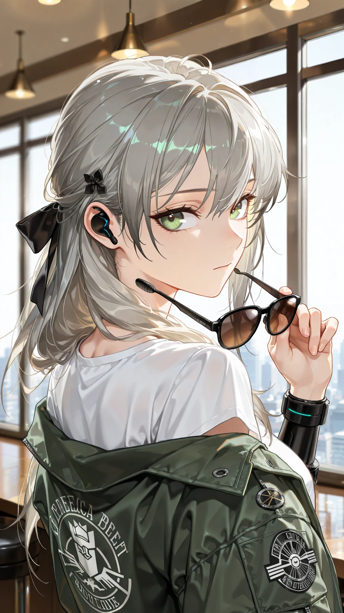 by [arknights|(748cmstyle:0.5)], god rays, cinematic shot, mature, young adult, masterpiece, best quality, amazing quality, very aesthetic, high resolution, ultra-detailed, absurdres,
1girl, solo, alone,(dynamic pose, side eye, looking over her shoulder,looking at viewer, rear shot, upper body focus, action shot, three quarter view, close up, portrait:1.2), gray hair, long hair, green eyes, lowering her sunglasses, special agent, green denim jacket, logo jacket, white t-shirt, hair bow, hair ornament, inside a cafe, modern cafe, high tech city, sci fi bracers, earpiece, novuschroma79 style, glitch art photo, BREAK, depth of field, volumetric lighting 
 