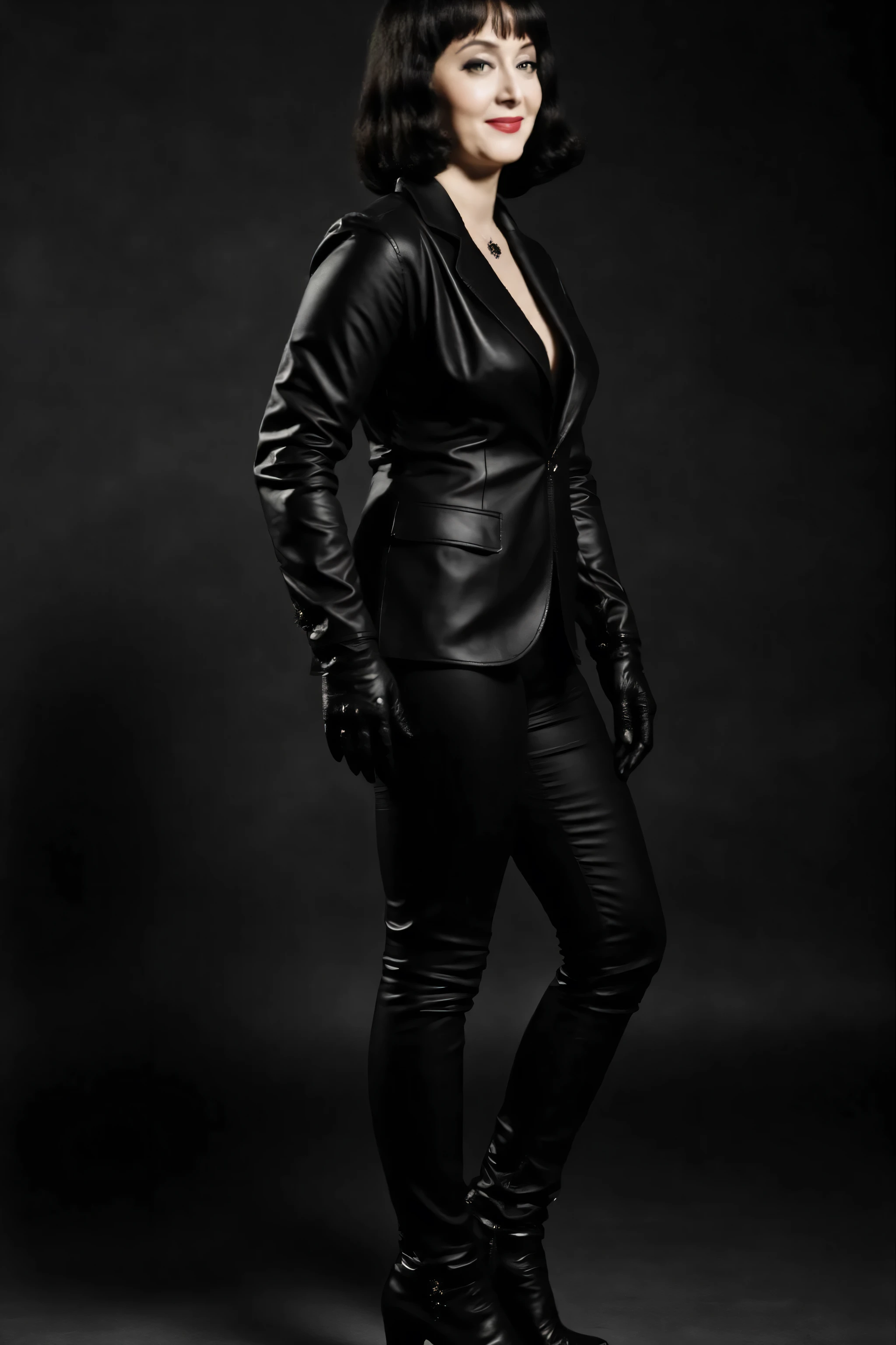 full body picture shot of villainess marsha queen of diamonds (batman villain); wholesome, looks like the girl next door, very fit, muscular, trim, wearing a black leather suit jacket (tight fitting), black leather pants, with black leather knee high boots, wearing long black leather opera gloves, gray black short hair, 8k, high definition, visible cleavage, smiling, happy, hyper realistic, HD. Photograph, ((realism)), extremely high quality RAW photograph, ultra detailed photograph, sharp focus, high resolution, (detailed skin:1,3),high quality, film grain, Fujifilm XT3,Highly Detailed, movie, (Cinematic Photo:1.3) of (Realistic:1.3)Epic realistic image depicting the beautiful age.