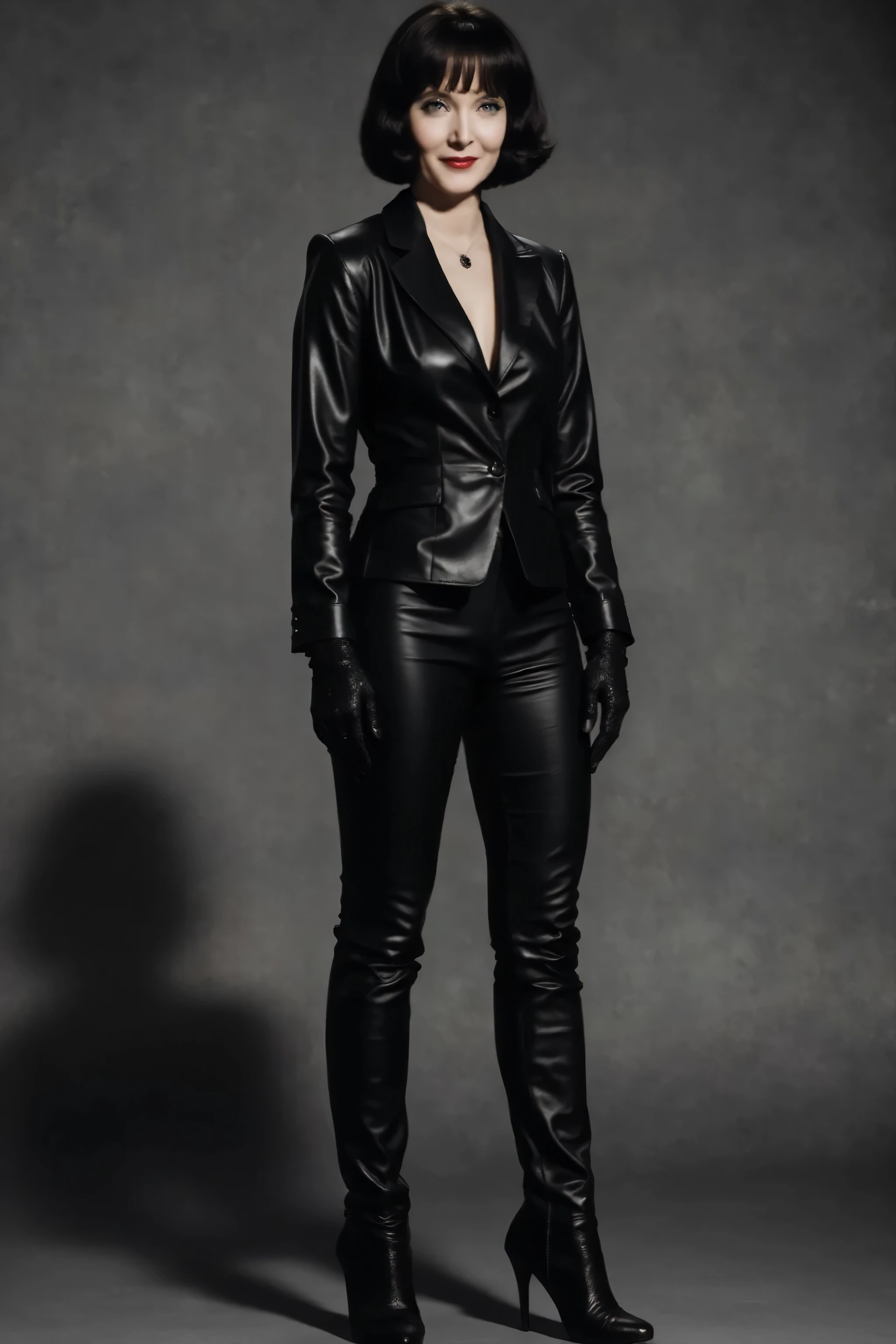 full body picture shot of villainess marsha queen of diamonds (batman villain); wholesome, looks like the girl next door, very fit, muscular, trim, wearing a black leather suit jacket (tight fitting), black leather pants, with black leather knee high boots, wearing long black leather opera gloves, gray black short hair, 8k, high definition, visible cleavage, smiling, happy, hyper realistic, HD. Photograph, ((realism)), extremely high quality RAW photograph, ultra detailed photograph, sharp focus, high resolution, (detailed skin:1,3),high quality, film grain, Fujifilm XT3,Highly Detailed, movie, (Cinematic Photo:1.3) of (Realistic:1.3)Epic realistic image depicting the beautiful age.