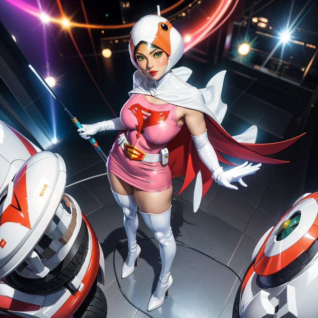 ANI_CLASSIC_jun_gatchaman_ownwaifu,1girl, 16 years old,good anatomy, masterpiece, best quality, realistic, hyper realistic, 16k hdr,large breasts, lipstick, makeup, gloves, cape, helmet, belt, elbow gloves, white gloves, mask, ultra miniskirt, leotard, spacesuit, white tight overknee highheel boots, pink dress, superhero, bodysuit, cleavage, erected nipples,(sexy pose,view from above),(spread legs:1.1),cameltoe