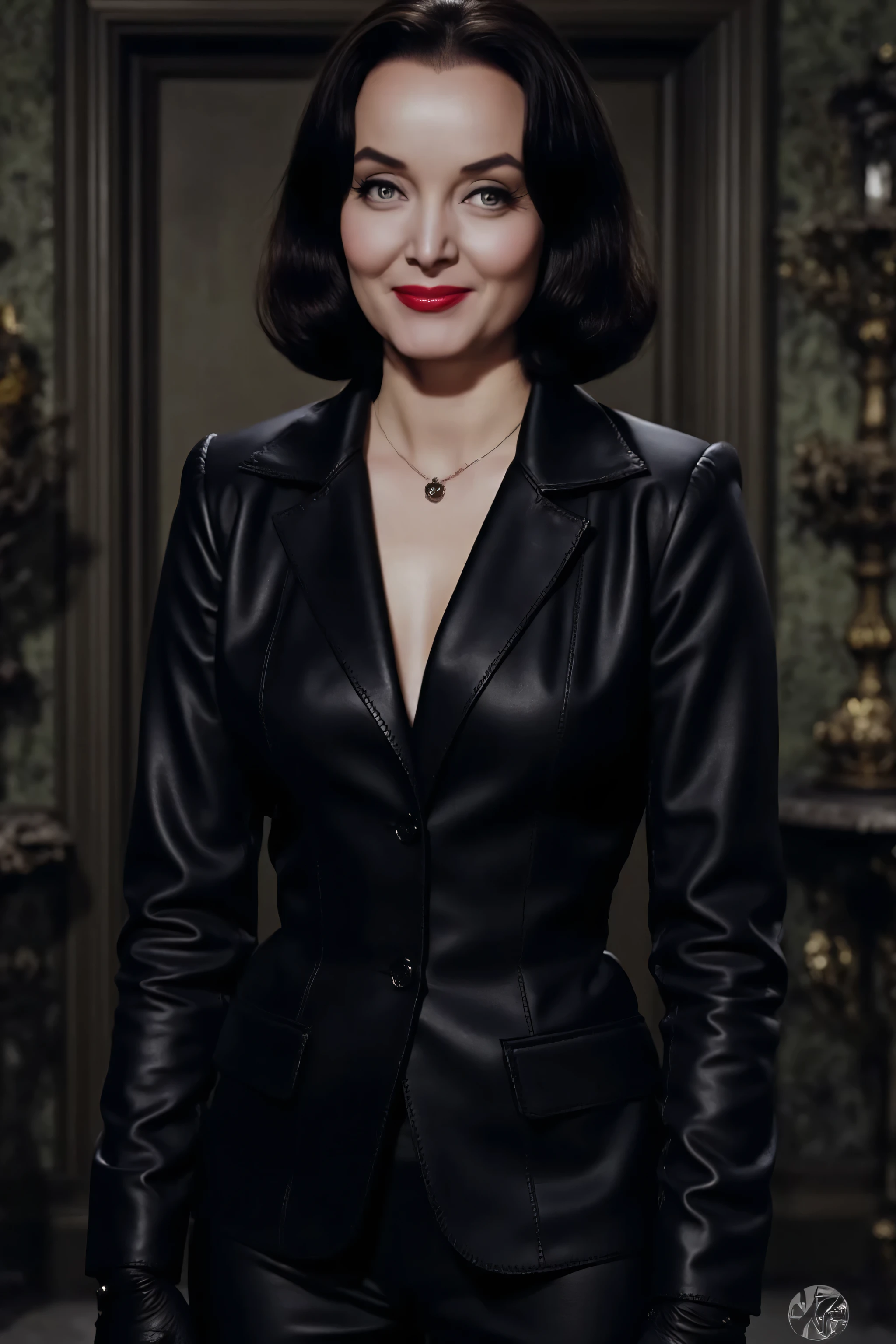 full body picture shot of villainess marsha queen of diamonds (batman villain); wholesome, looks like the girl next door, very fit, muscular, trim, wearing a black leather suit jacket (tight fitting), black leather pants, with black leather knee high boots, wearing long black leather opera gloves, gray black short hair, 8k, high definition, visible cleavage, smiling, happy, hyper realistic, HD. Photograph, ((realism)), extremely high quality RAW photograph, ultra detailed photograph, sharp focus, high resolution, (detailed skin:1,3),high quality, film grain, Fujifilm XT3,Highly Detailed, movie, (Cinematic Photo:1.3) of (Realistic:1.3)Epic realistic image depicting the beautiful age.