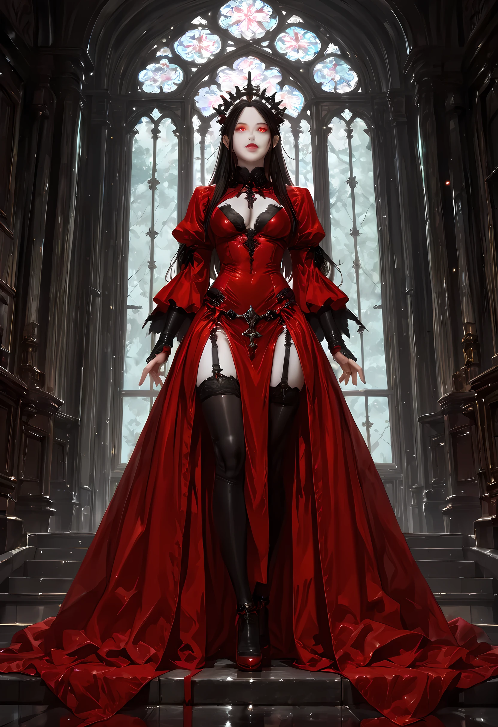 dark fantasy art, a picture of a fantasy, a beautiful female vampire, full body portrait, ultra feminine, best detailed body, best detailed face, best detailed face,  pale skin, dynamic hair, glowing eyes, vampire fangs, red eyes, wearing dynamic color dress, transparent fabric voile  dress, goth dress, small cleavage, intricate dress, wearing high heels, it is night time, the moon is in the sky, a sense of dread, soft light. moon rays. high details, best quality, 16k, [ultra detailed], masterpiece, best quality, (extremely detailed), close up, ultra wide shot, photorealistic, RAW, fantasy art, dnd art, fantasy art, realistic art,((best quality)), ((masterpiece)), (detailed), perfect face, fantasy, G0thicL1nes