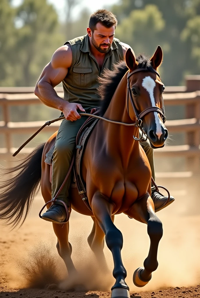 Naked farmer riding a horse