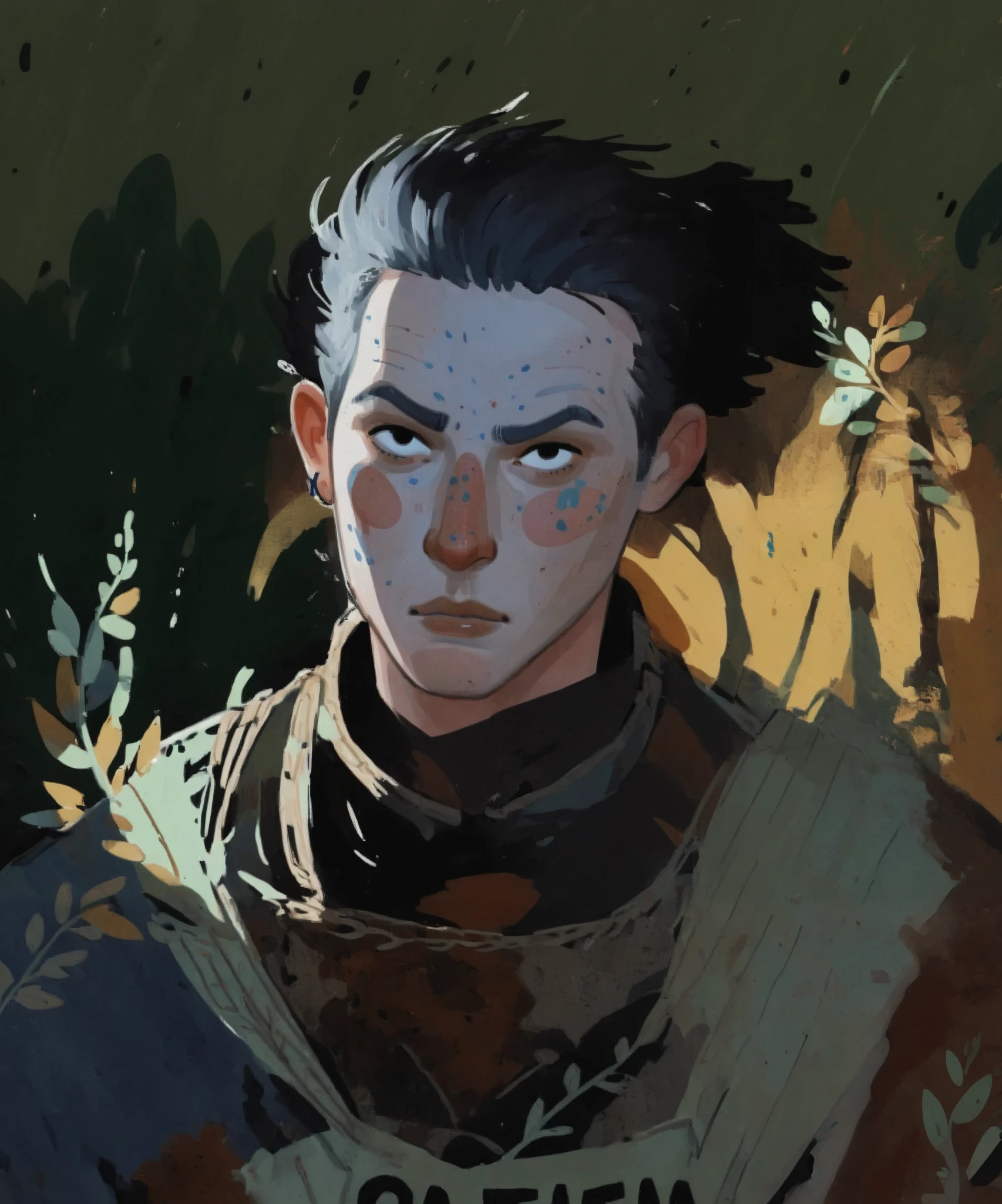 1boy, 2d art, flat colors, detailed faces, simple black eyes, gouache texture, half body portrait, gouache painting, vibrant colors, skin freckles, thick gouache render, novuschroma57 style cartoon, in gougoupaintleaves, FRESHIDEAS Illustration No. 12, Illustration No. 8