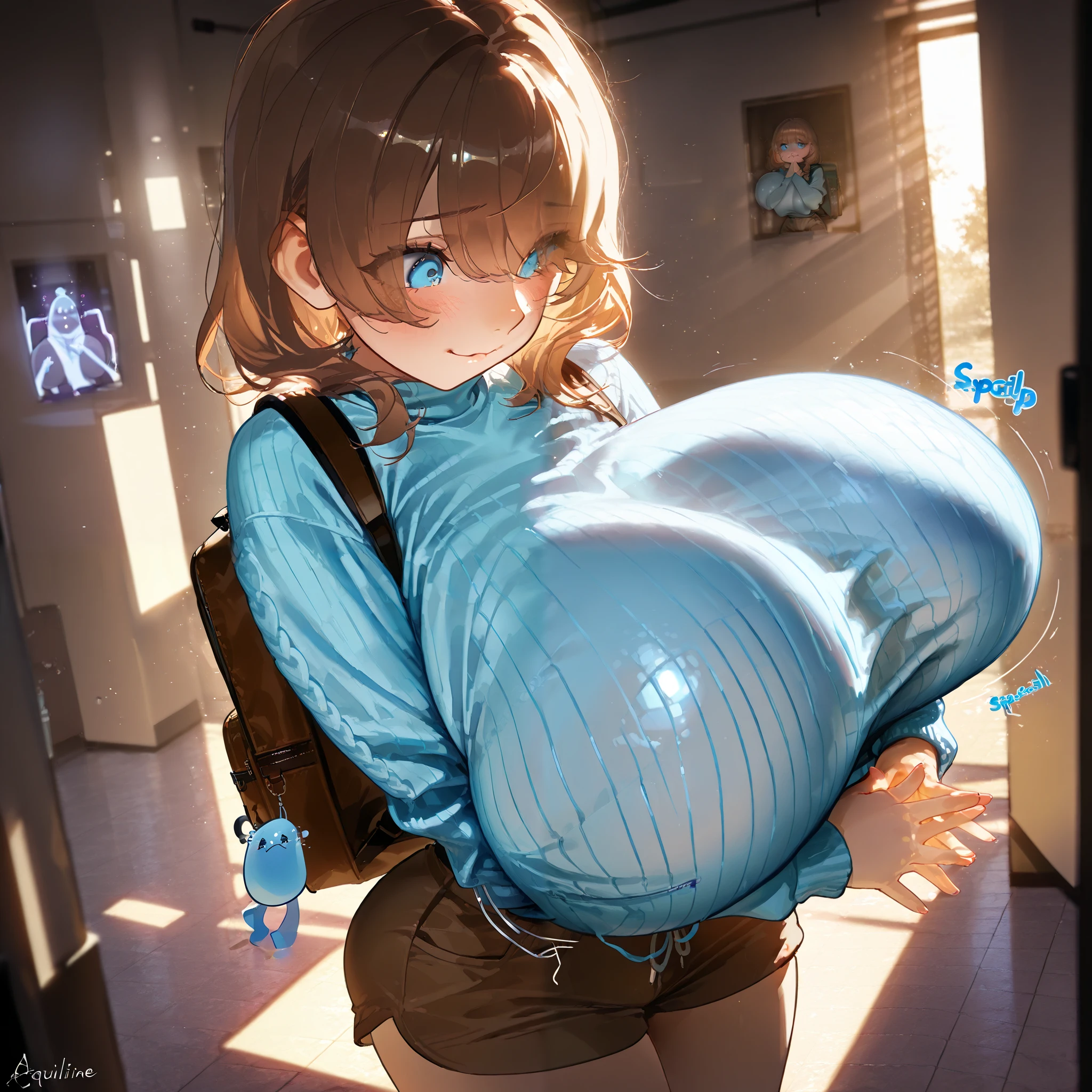 1girl, cute innocent girl, huge breasts, small hips, wearing a light blue sweater, brown kakhi shorts, blue eyes, brown medium length hair, backpack she is walking across a college campus, (aquiline nose), eyes visible through hair, solo, (), (), best quality, masterpiece, (score_9), (score_8_up), (score_7_up), (shy and smiling emotions:1.1), , (), (, () ), (), perfect shadows, artificial lighting , masterpiece, best quality, 8K, detailed, (specular sunlight), (hyper sized chest), (arms squishing breasts together:1.2)