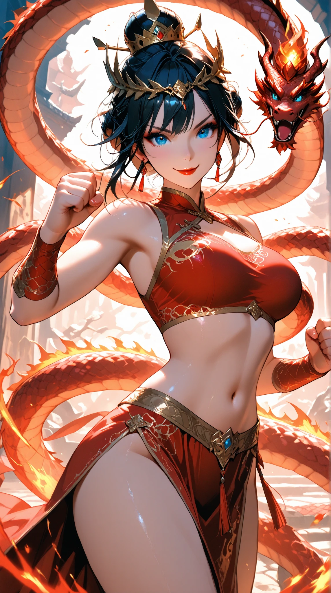 One girl, Lamia, scale, [Top-down Bottom-up:0.5], whole body, red Lamia, red scale, Charm, shape, Very detailed, Highest quality, Very detailed, original character, Volumetric lighting, Best Shadow, Shallow depth of field, Stunningly beautiful girl, , 繊細で美しくCharmな顔, High resolution, [Embarrassing:0.75], [Dungeons:0.33], [sand:0.8]、Fantasy Anime Characters