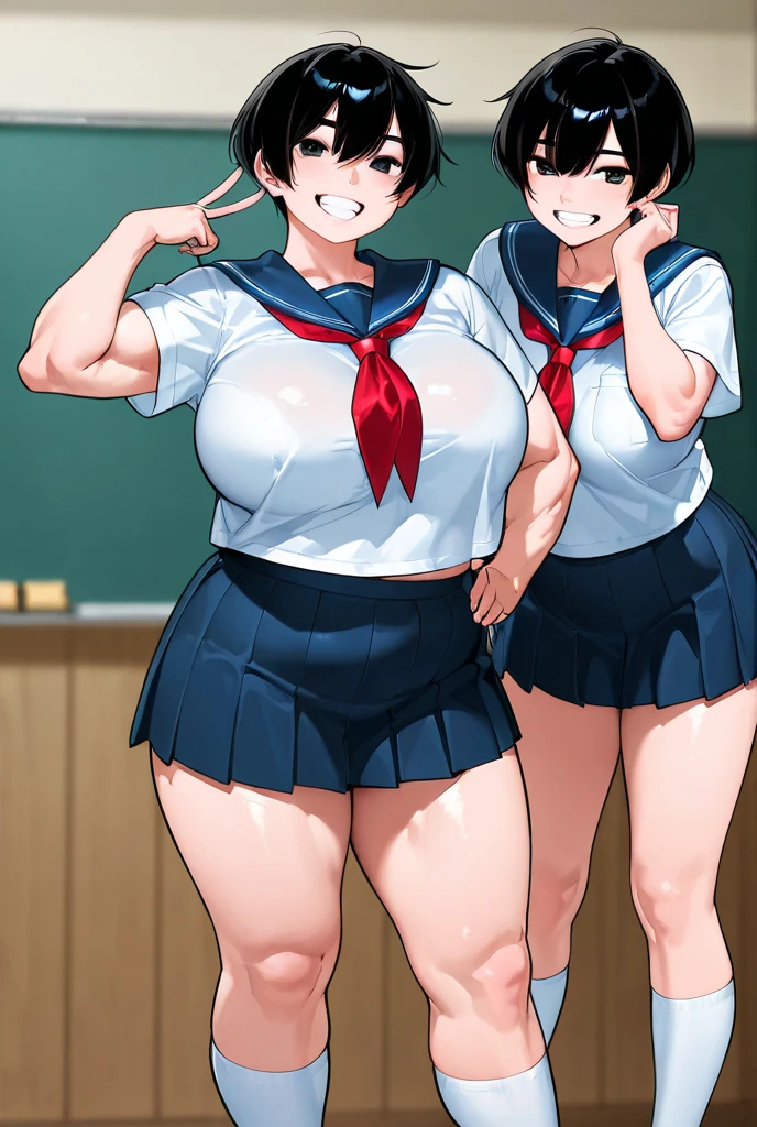 (Private 4K)、(High resolution:1.2)、(High freshness:1.2)、、(Whole Body Ezbian:1.2)、(Two Women:1.6)、((Women with exaggerated large physiques))、(Super big breasts fully opened:1.8)、abnormally developed muscles,,Barefoot woman, , Big arms、(Huge muscles:1.4)、(Dynamic pose:1.2)、(Violent movement of the chest:1.6)、(Woman kicking with all her might:1.8)、(school uniform:1.6)、(School classroom:1.6)