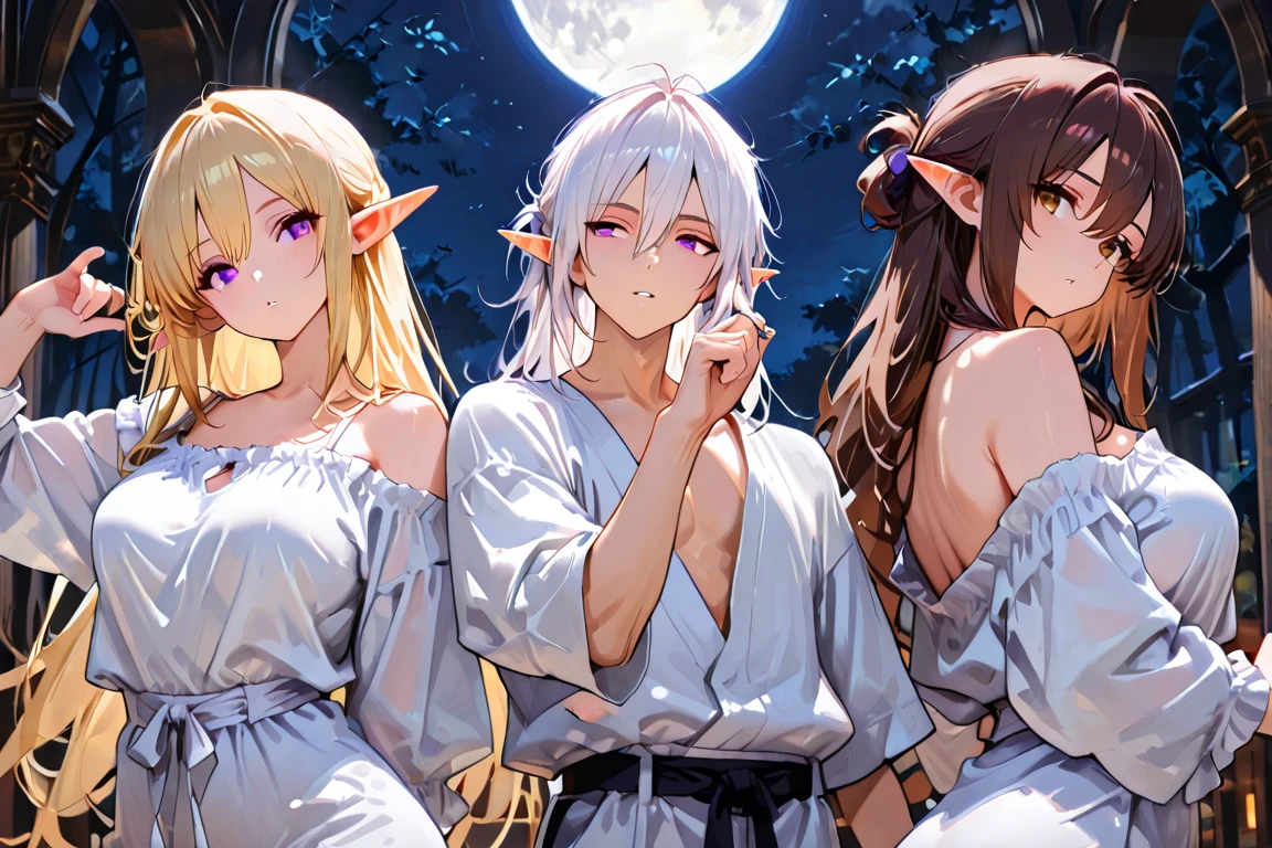 seven best friends: a fairy with bright wings, a demon with incandescent eyes, two elves with pointy ears and silver hair, an angel with golden feathers, a semi-human rabbit with long, soft ears, and a human with warm eyes, They accompany a young man with ninja-style hair and a well-groomed beard., dressed in urban rapper clothes. Together, they sit in a green field, on a melancholic night, surrounded by the stillness of nature.

Under the starry sky, a campfire crackles softly, casting dancing shadows on their sad faces. The aroma of burning wood and the whisper of the wind through the trees fill the air. Each one of them, immersed in his thoughts, find comfort in the company of others. The stars, as silent witnesses, shine brightly, while sharing stories and memories, seeking solace in the beauty of the universe and the strength of their friendship.