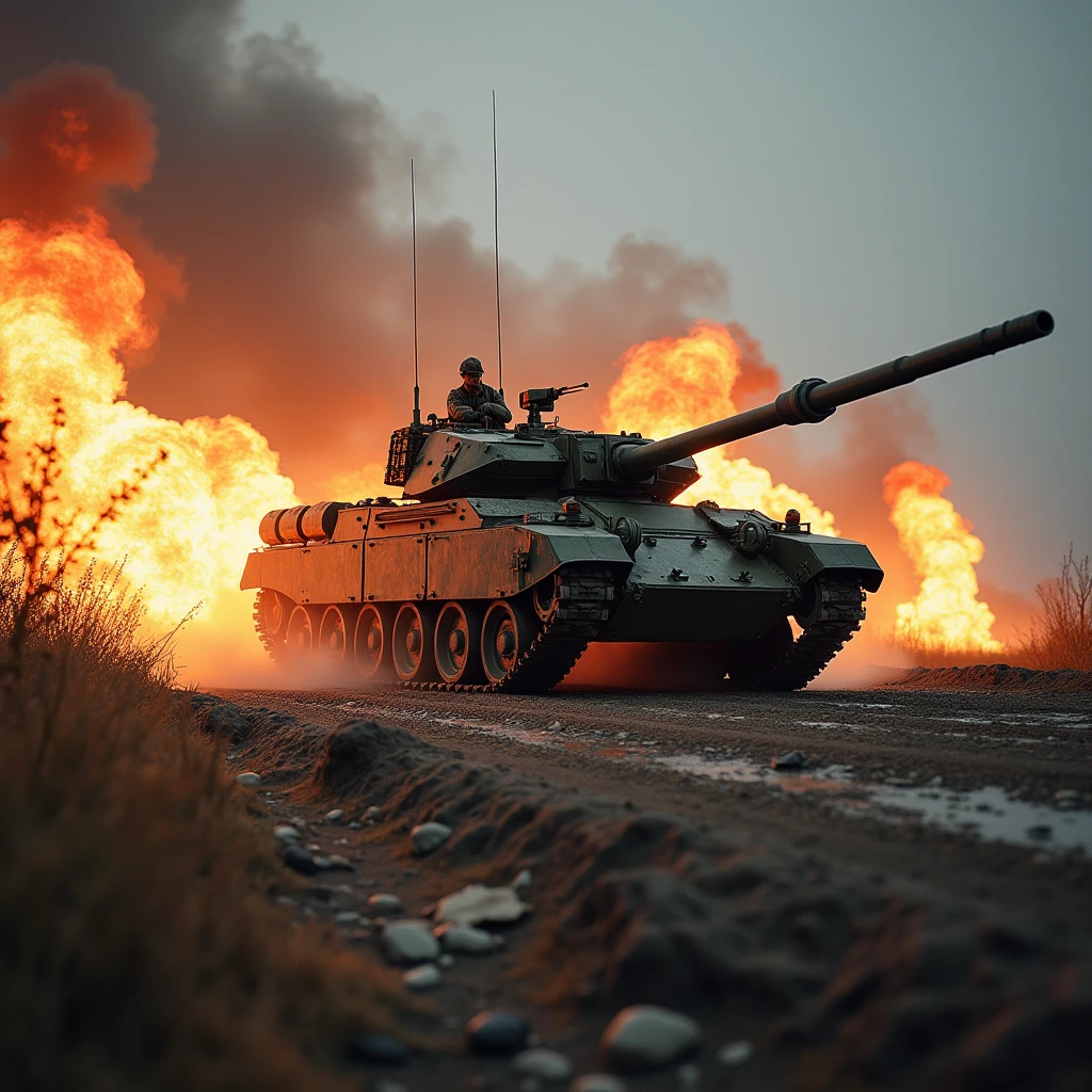 a large red battle tank in the street of a ruined city, ruined buildings, rubble, smoke and flame, burning cars, burning buildings, photorealism, realistic, high detail,