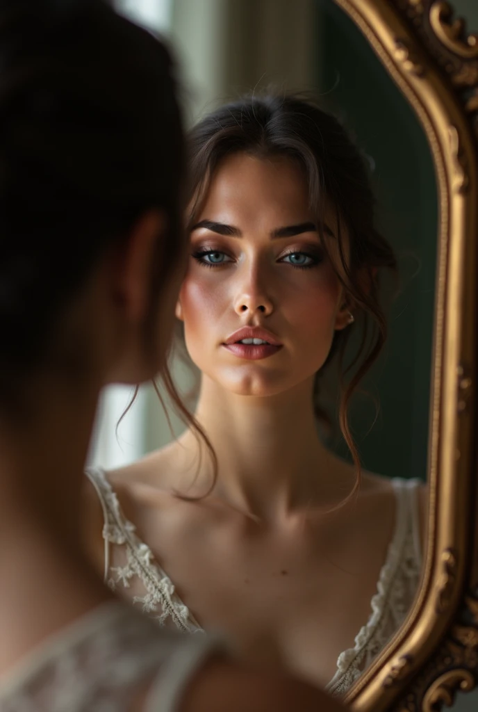 A femme fatale taking care of her skin in her bedroom in front of the mirror