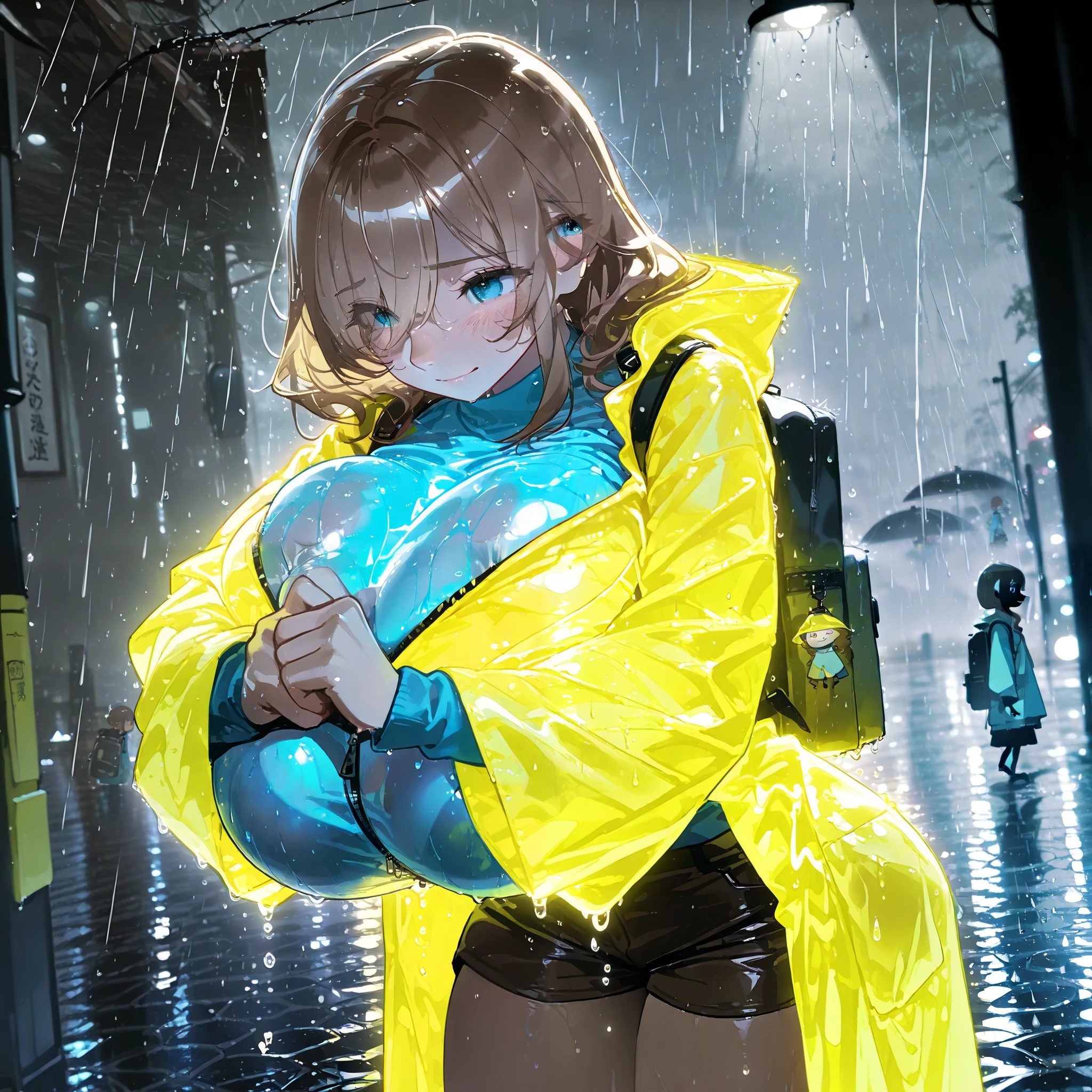 1girl, cute innocent girl, huge breasts, small hips, wearing a blue sweater and yellow rain coat, brown kakhi shorts, blue eyes, brown medium length hair, backpack she is walking across a college campus, (aquiline nose), eyes visible through hair, solo, (), (), best quality, masterpiece, (score_9), (score_8_up), (score_7_up), (shy and smiling emotions:1.1), , (), (, () ), (), perfect shadows, artificial lighting , masterpiece, best quality, 8K, detailed, (specular thunderstorm lighting), (rain and thunderstorm) , (hyper sized chest), (arms squishing breasts together:1.2)