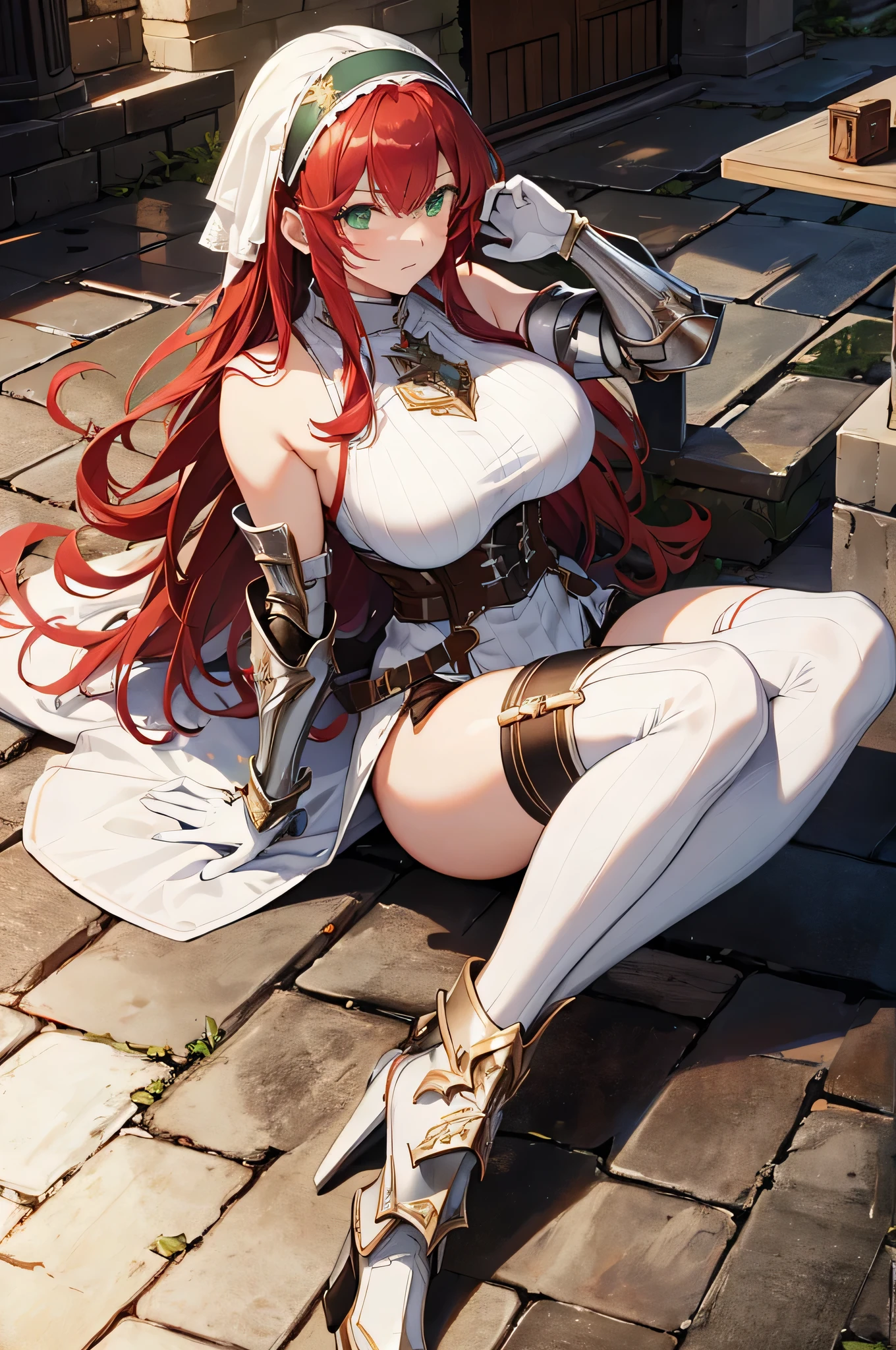 masterpiece, best quality, ultra-detailed, beautiful detailed eyes, extremely detailed eyes and face, 1girl, flarejioral, sidelocks, cleavage, cape, long sleeves, white skirt, pleated skirt, white thighhighs, boots, white footwear, cross-laced footwear, knee boots, ((large breasts)),sitting crossing leg, looking at viewer, smiling, forest, cowboy shot,pink hair