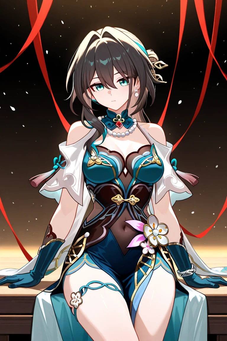 An anime-style artwork depicting ruan mei from the game Honkai star rail.
Tags: ruan mei, anime, detailed eyes, detailed lips, green hair, dress, smiling expression, intense gaze, glowing emblem on hand, dynamic pose, mystical background, vibrant colors, digital art, high-resolution, professional quality, gigantic breasts, cleavage, huge tits.