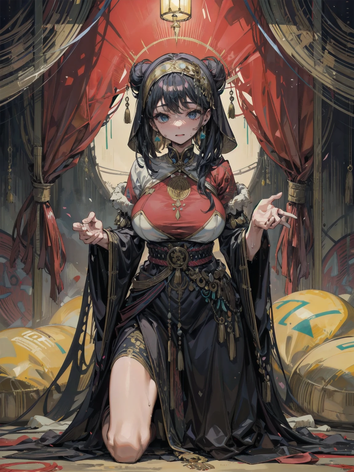 medium hair, big tits, tearful mole, earring, full body, fortune teller robes, in gipsy tent, skirt, face veil, robe, cloak, 