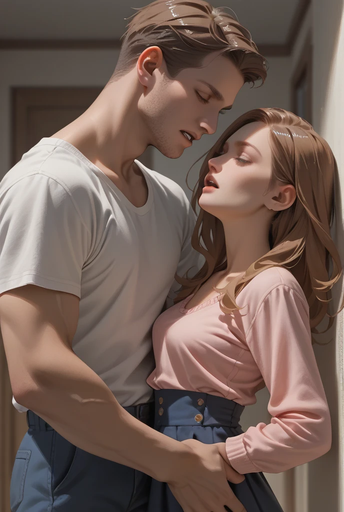 Generate me a photo of an Argentine girl, with a good bust, blue-eyed blonde with tears in her eyes, a crying butterfly tattoo on the legs of a boy with Korean features with not so slanted eyes, White skin, very tall with a white shirt full of red lipstick kisses and unbuttoned pants with a lip piercing. Ambos de cuerpo completo y White skin. Kissing with tears in their eyes
