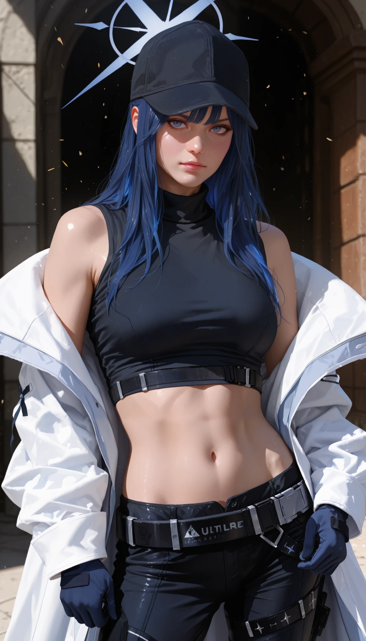 (((realistic, photorealism, high quality, ultra detailed, 4K))) saori joumae , blue eyes , blue hair , halo , long hair , bare arms , bare shoulders , belt , black headwear , black pants , black shirt , blue gloves , crop top , gloves, midriff , navel, shirt , sleeveless, white coat, open coat, off shoulder, long sleeves, looking at viewer, action poses,
