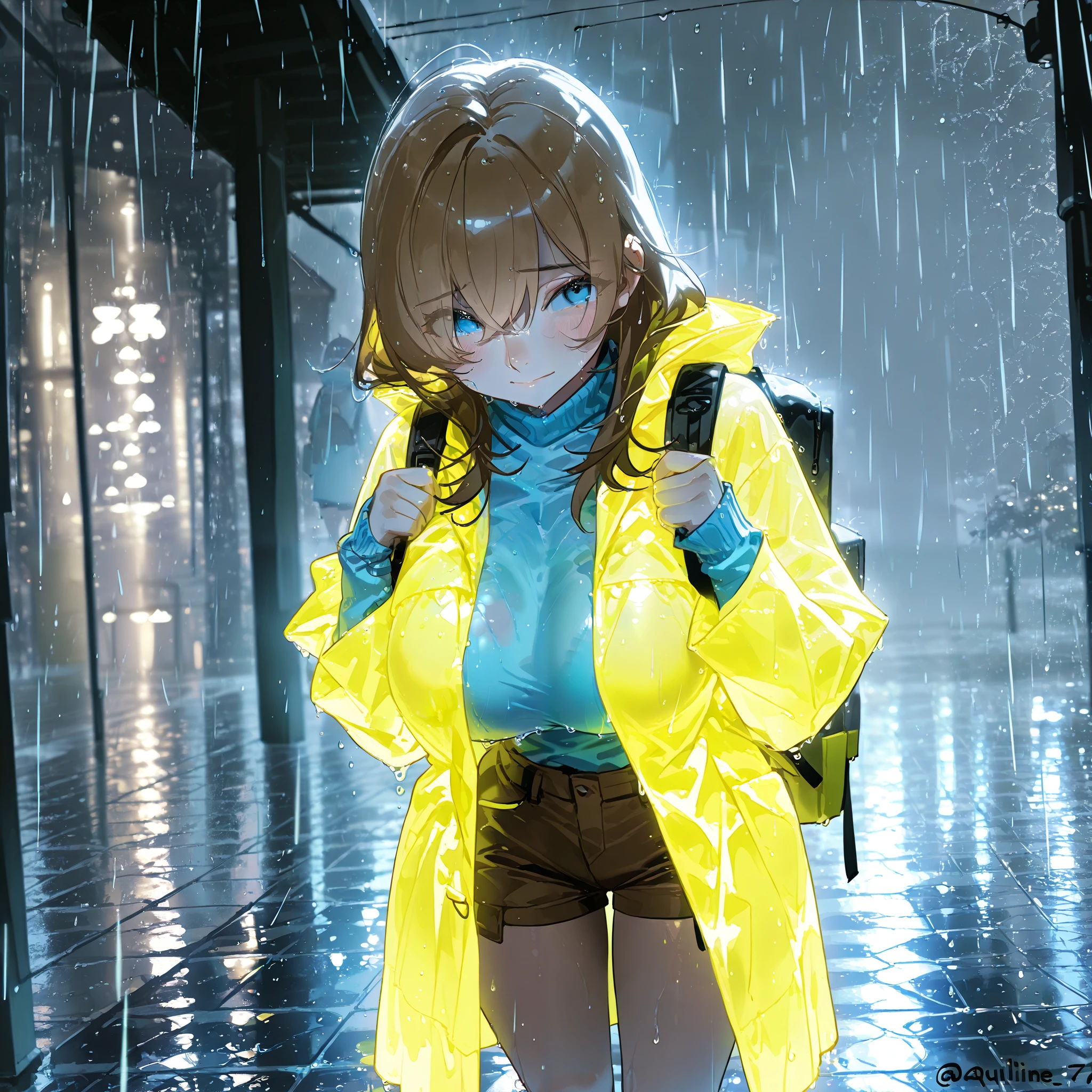 1girl, cute innocent girl, huge breasts, small hips, wearing a blue sweater and dull yellow rain coat, brown kakhi shorts, blue eyes, brown medium length hair, backpack she is walking across a college campus, (aquiline nose), eyes visible through hair, solo, (), (), best quality, masterpiece, (score_9), (score_8_up), (score_7_up), (shy and smiling emotions:1.1), , (), (, () ), (), perfect shadows , masterpiece, best quality, 8K, detailed, (specular thunderstorm lighting), (rain and thunderstorm) ,