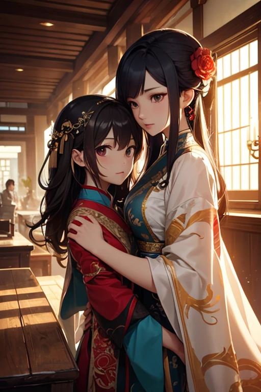 ((masterpiece,best quality, detailed)), ultra-detailed, detailed hair, hard rim lighting,((dramatic lighting)),sharp focus,mother and daughter, medium breasts, female child(flat chest), holding, <lora:elegantHanfuRuqun_v10:0.6>,,ru_qun, (off shoulder), (Hanfu:1.1)