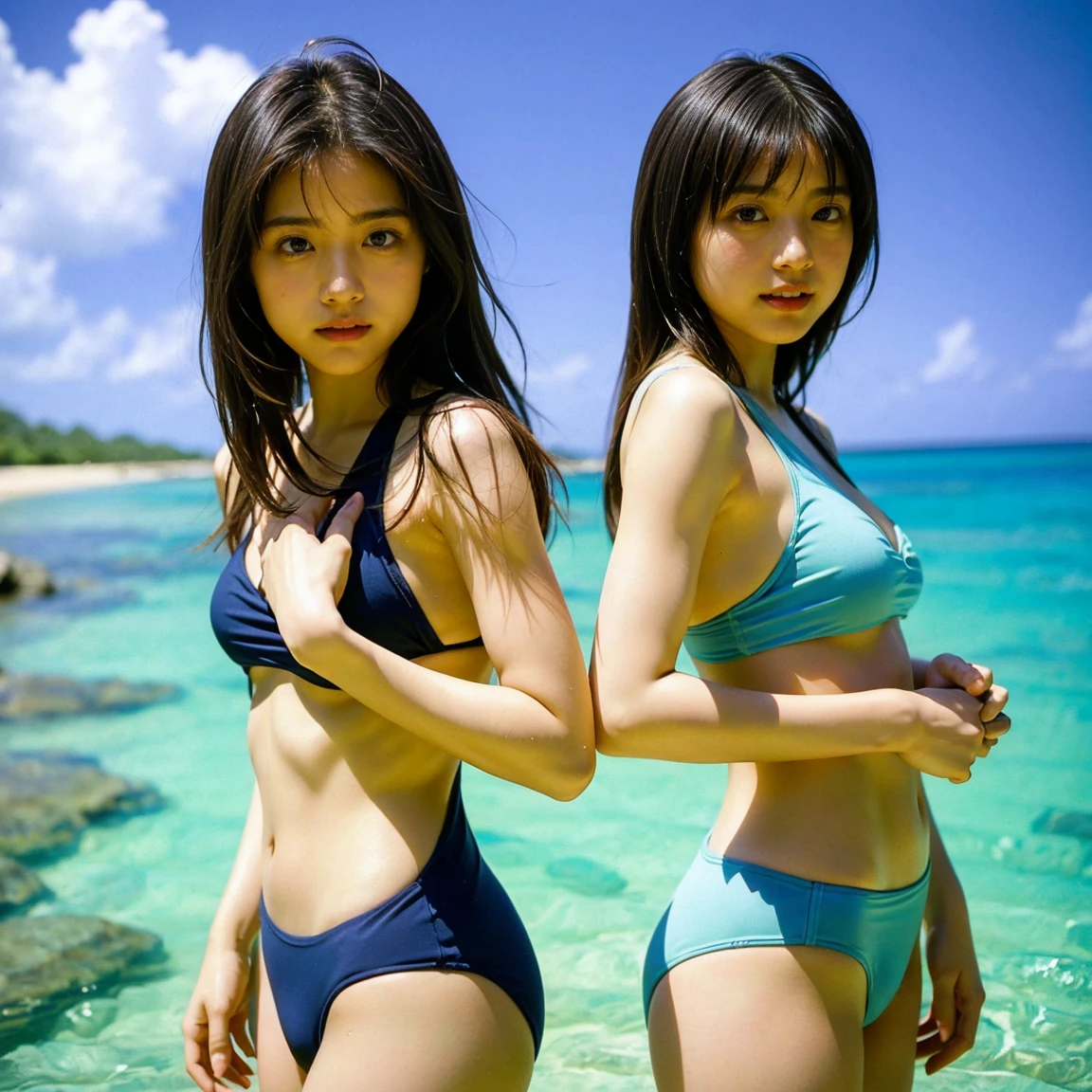 A hydrangea garden shrouded in a fantastic morning mist、Illustration of a Japanese woman strolling、Short black hair、Her facial features resemble those of Tsubaki Sannomiya、Coquettish feeling、A gentle expression with a touch of sadness、Small earrings and a matching necklace、Black Bikini