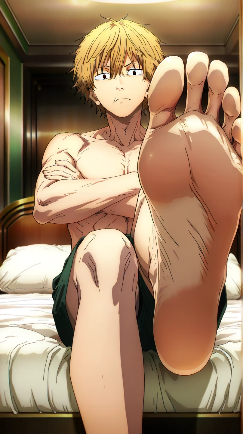 male focus, full body, muscular male, best quality, amazing quality, amazing aesthetic, absurdres, rating explicit, official style, year 2023, game cg, Priapus, bedroom, smiling, navel, nipples,lying, on back, wearing a green underwear, eyes open
