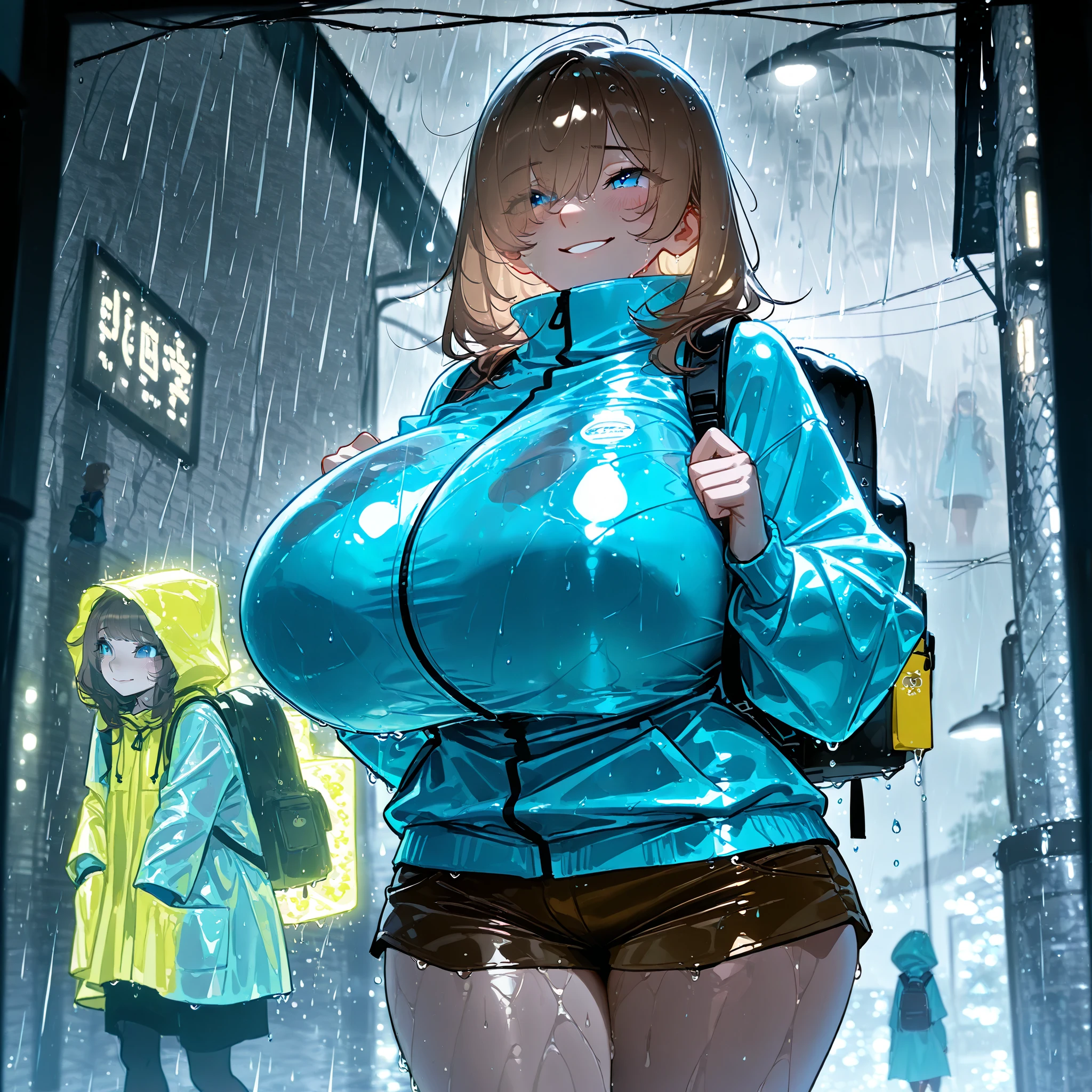 1girl, cute innocent girl, huge breasts, small hips, wearing a blue sweater and dull yellow rain coat, brown kakhi shorts, blue eyes, brown medium length hair, backpack she is walking across a college campus, (aquiline nose), eyes visible through hair, solo, (), (), best quality, masterpiece, (score_9), (score_8_up), (score_7_up), (shy and smiling emotions:1.1), , (), (, () ), (), perfect shadows , masterpiece, best quality, 8K, detailed, (specular thunderstorm lighting), (rain and thunderstorm) ,